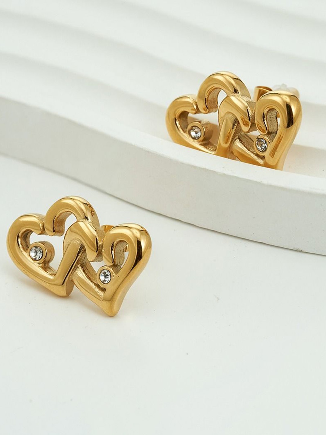 

VIEN Stainless Steel Gold-Plated Artificial Stones Studded Heart Shaped Studs