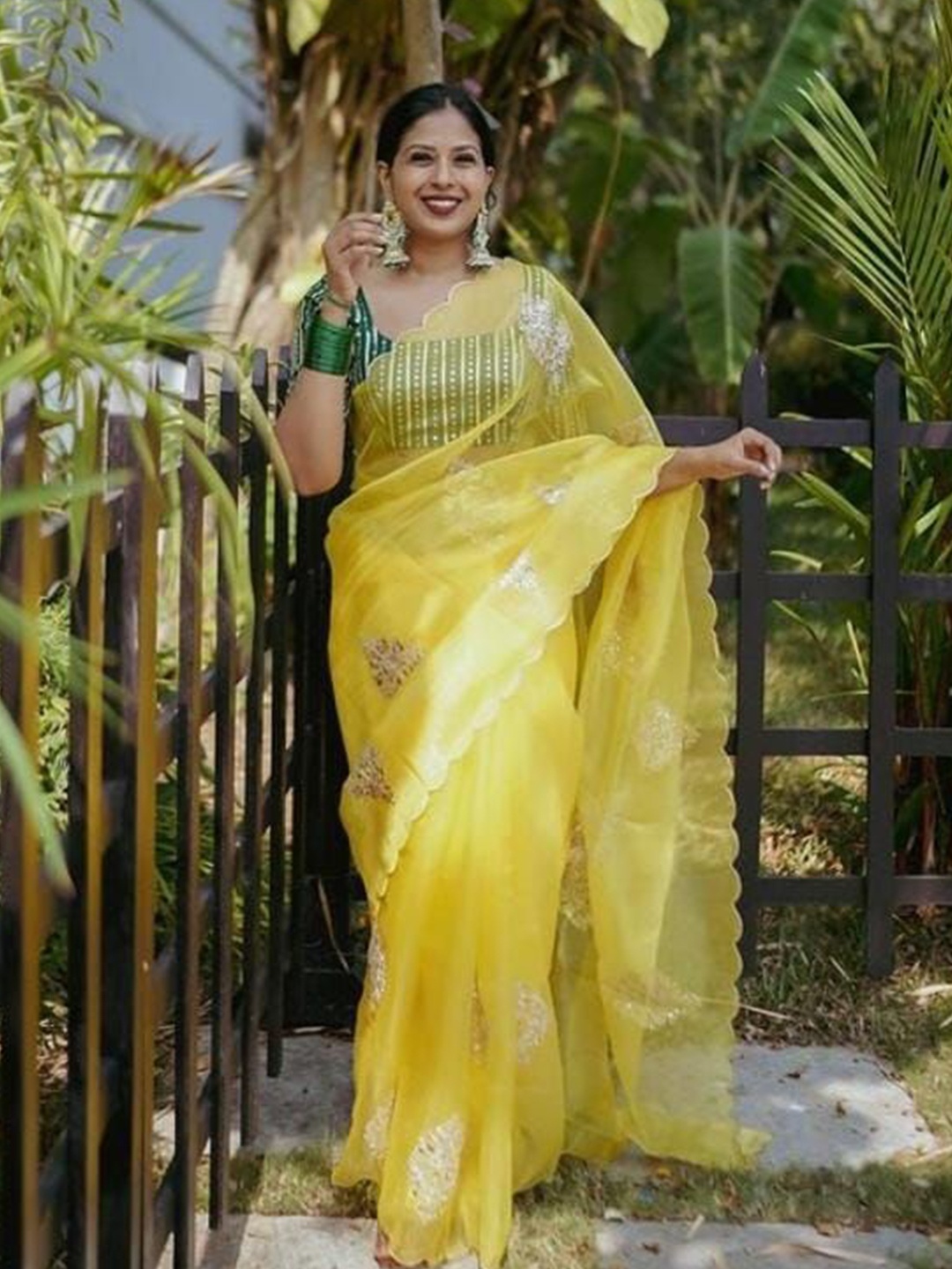 

Rangtulika Ethnics Embellished Beads and Stones Organza Designer Saree, Yellow