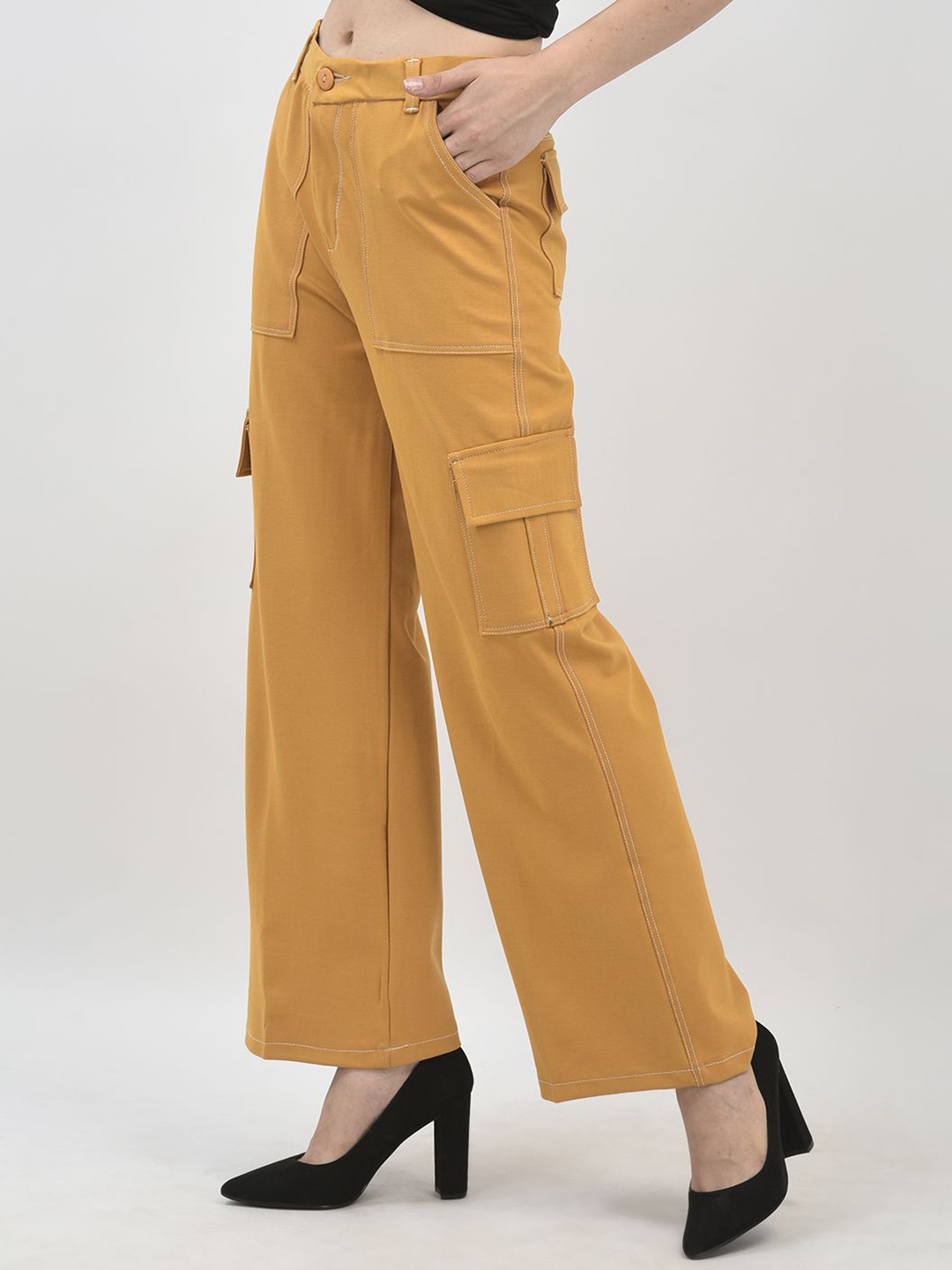 

Chemistry Women Relaxed Straight Leg Flared High-Rise Cargos Trousers, Yellow