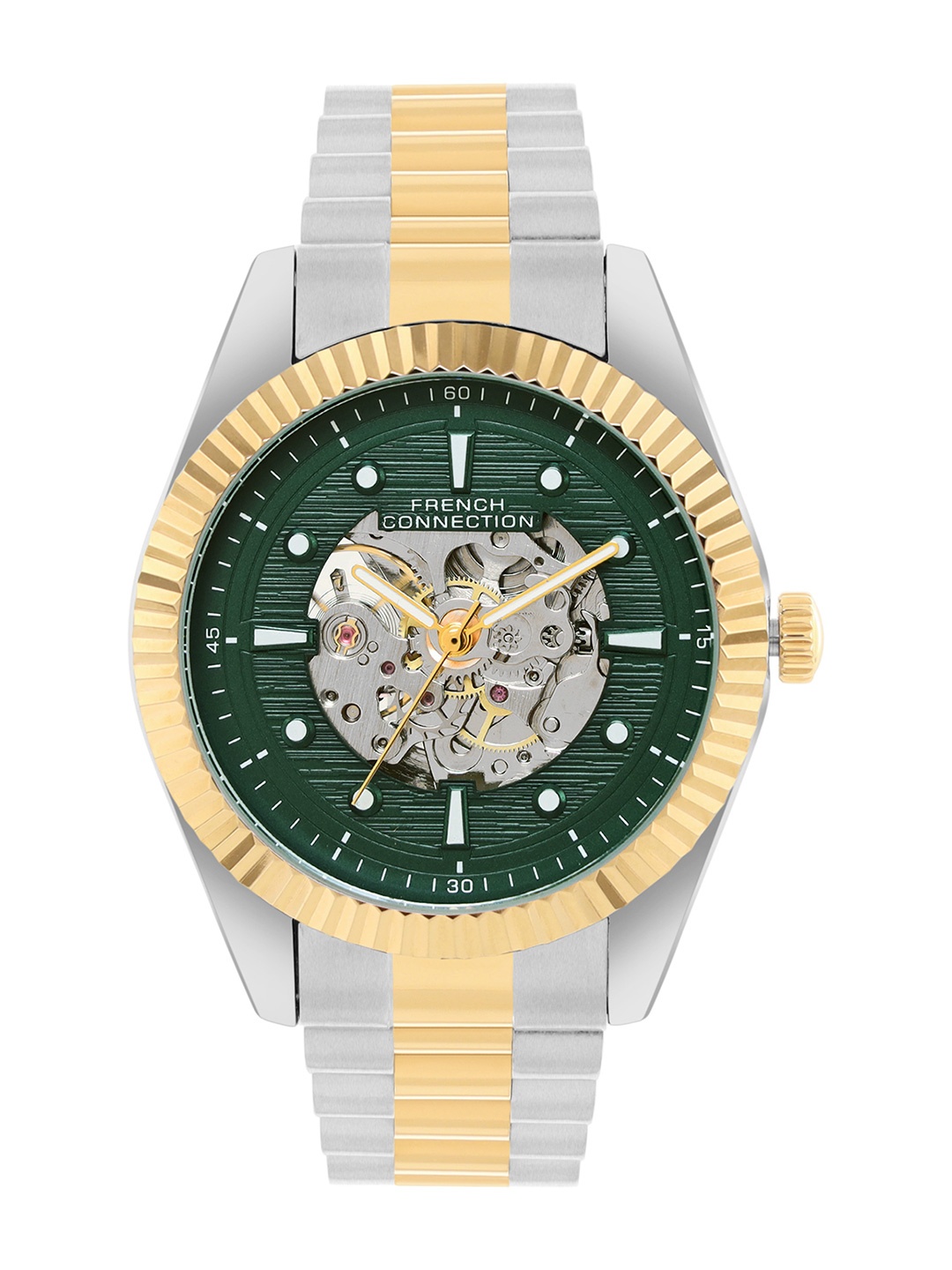 

French Connection Men Skeleton Dial & Stainless Steel Bracelet Style Straps Analogue Automatic Watch, Green