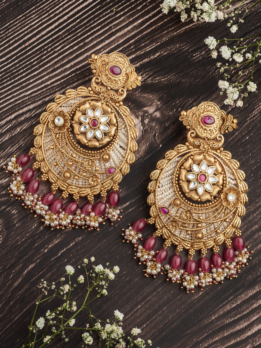 

vivinia BY VIDHI MEHRA Gold-Plated Artificial Stones Studded Contemporary Chandbalis