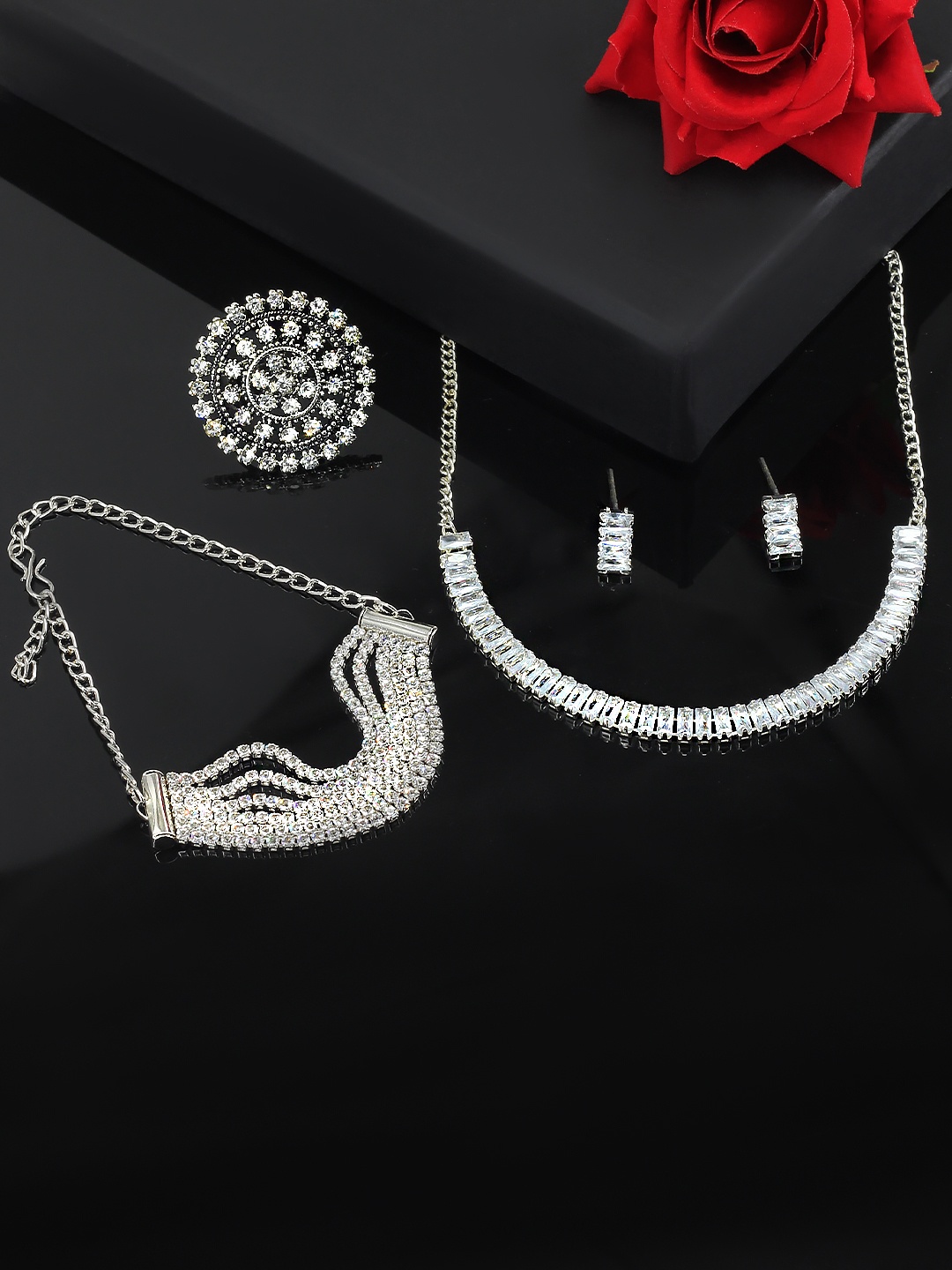 

PRIVIU Silver-Plated Artificial Stone-Studded Jewellery Set