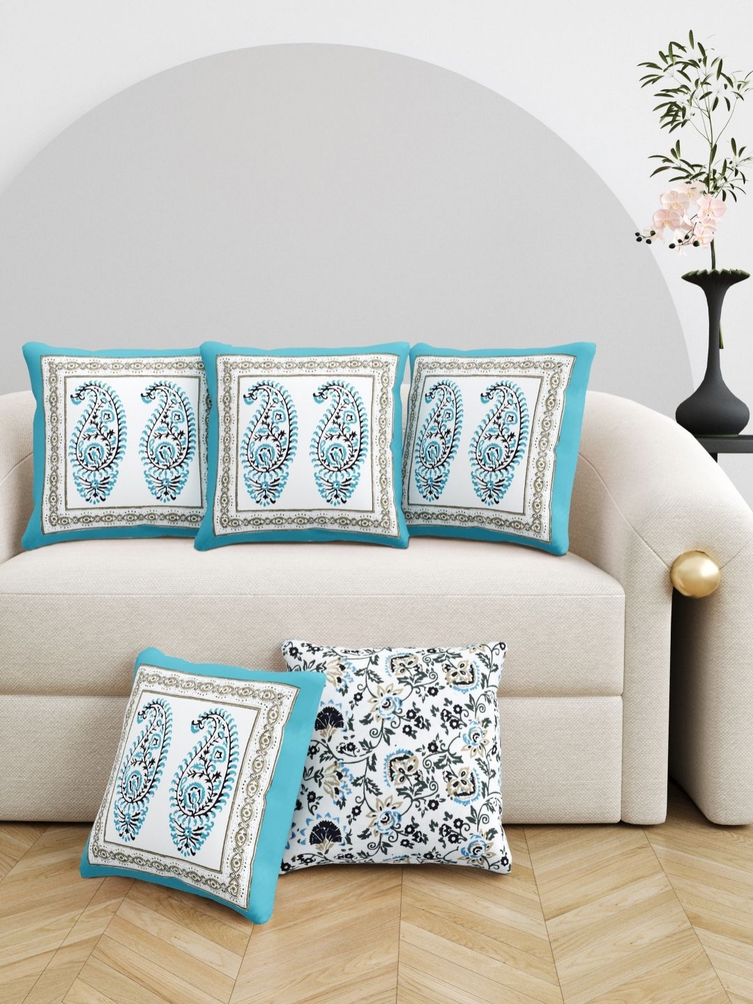 

Myntra Elegant Homes White & Blue Set of 5 Ethnic Motifs Square Cushion Covers