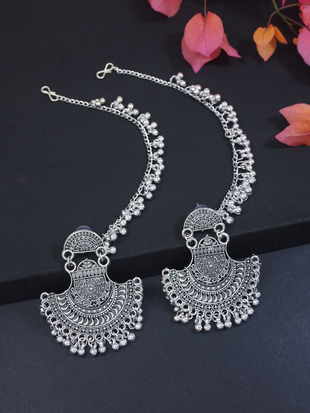 

I Jewels Silver-Plated Contemporary Shaped Oxidised Chandbalis With Ear Chains