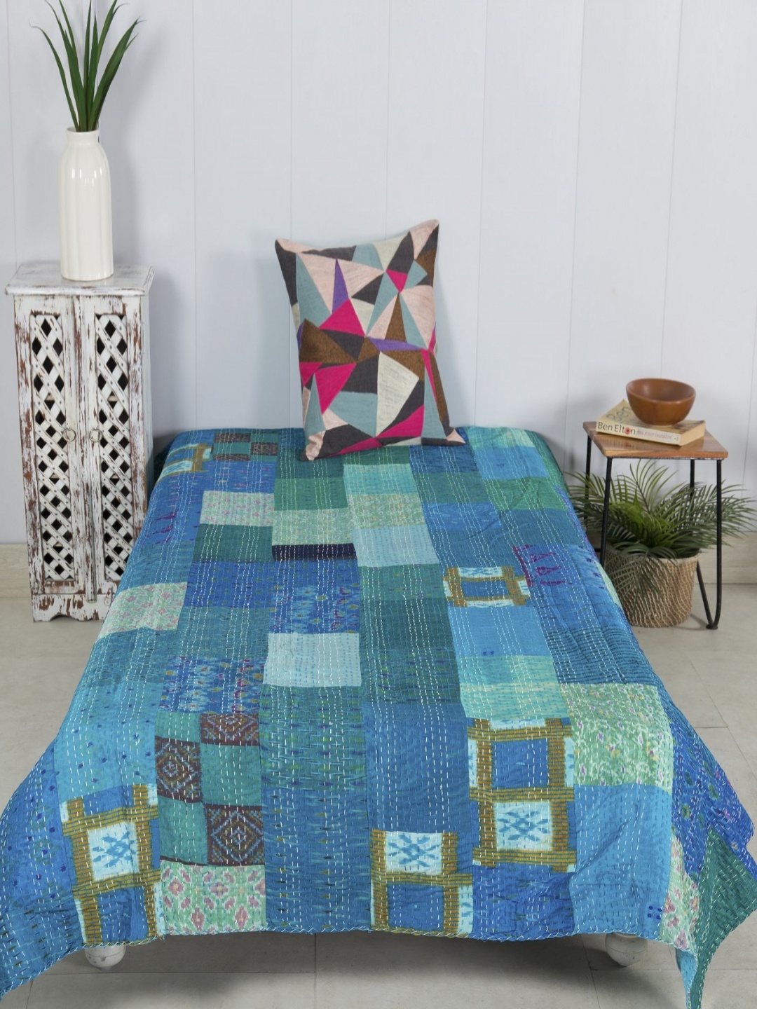 

HANDICRAFT PALACE Blue Printed Kantha Patchwork Bed Cover, Turquoise blue