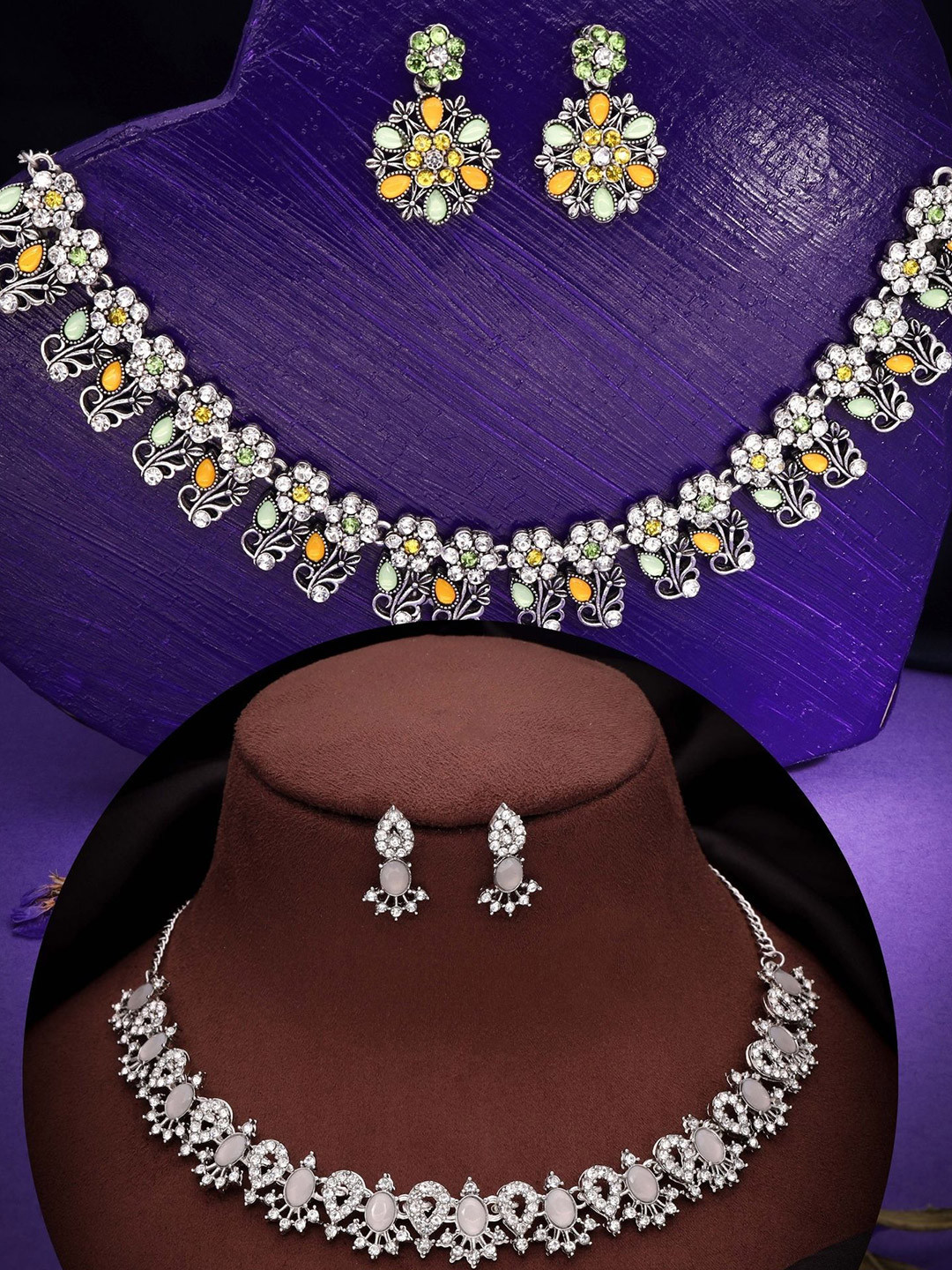 

DIVASTRI Set Of 2 Silver Plated American Diamond Studded Jewellery Set