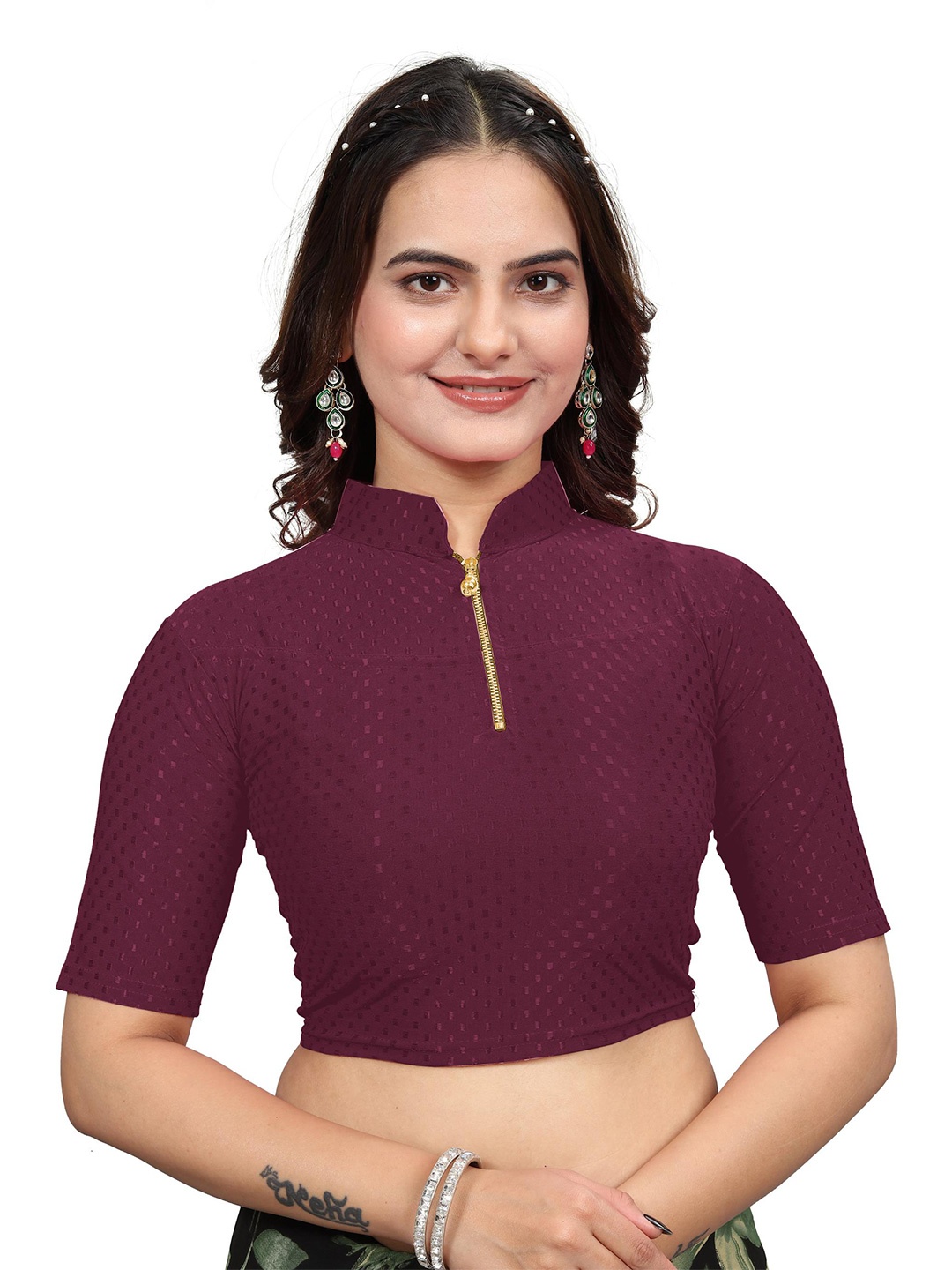 

SS Sanket Synthetics Mandarin Collar Readymade SareeBlouse, Maroon