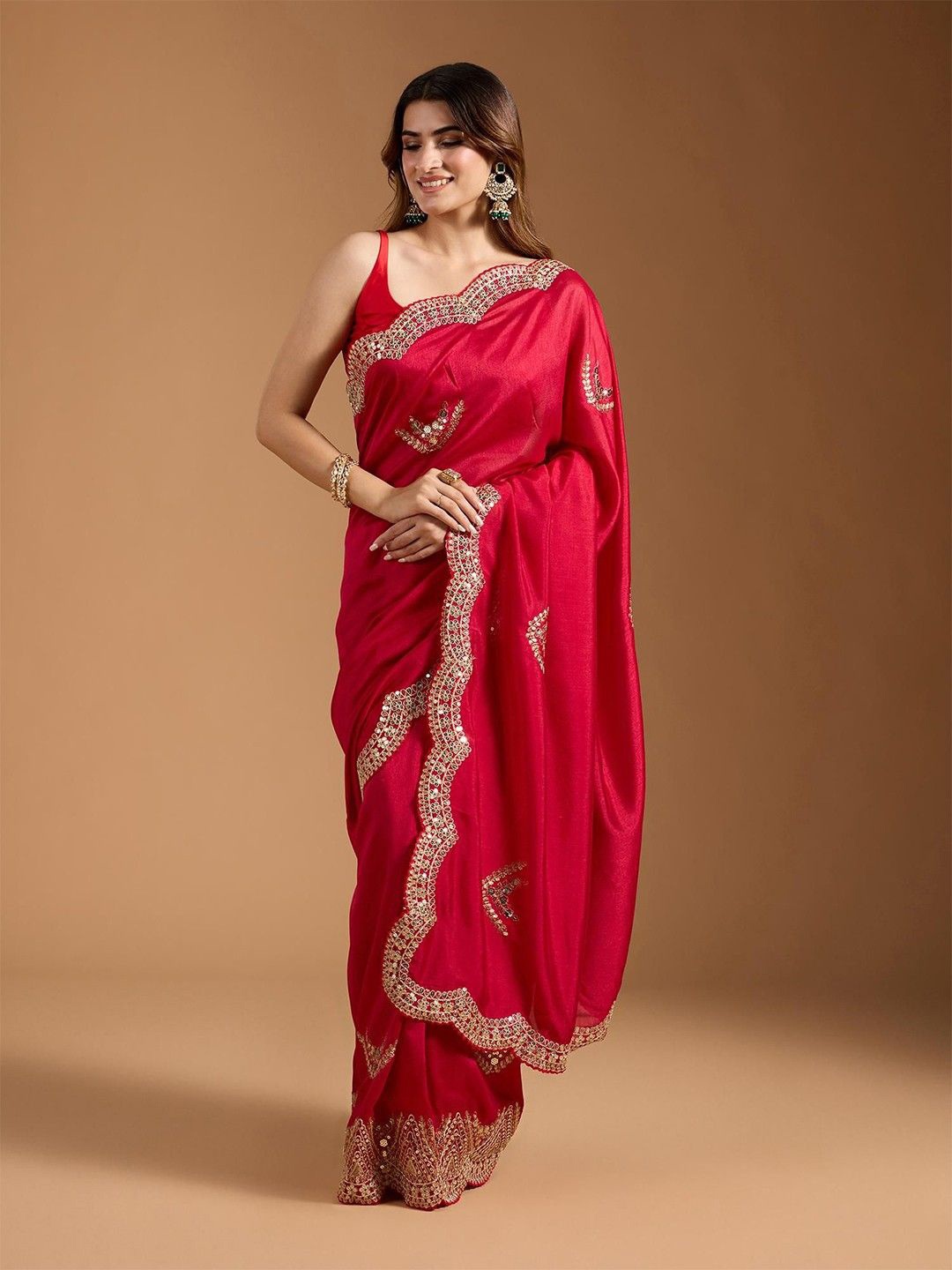 

Mitera Embellished Sequinned Silk Blend Saree, Red