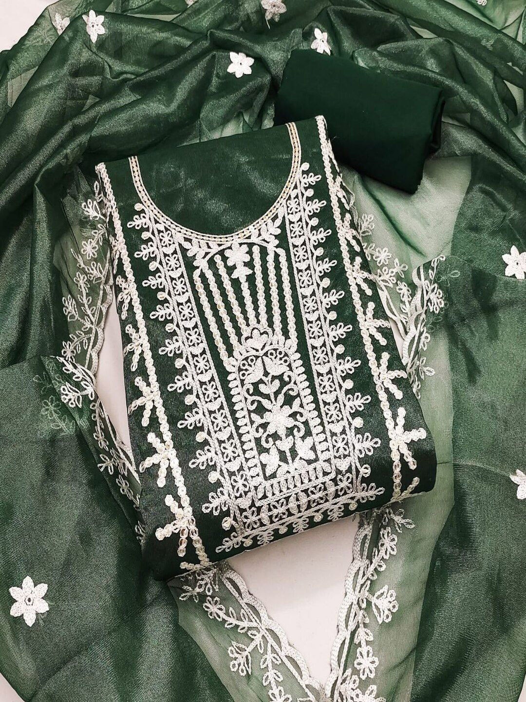 

SHIJILA Floral Embroidered Thread Work Unstitched Dress Material, Green
