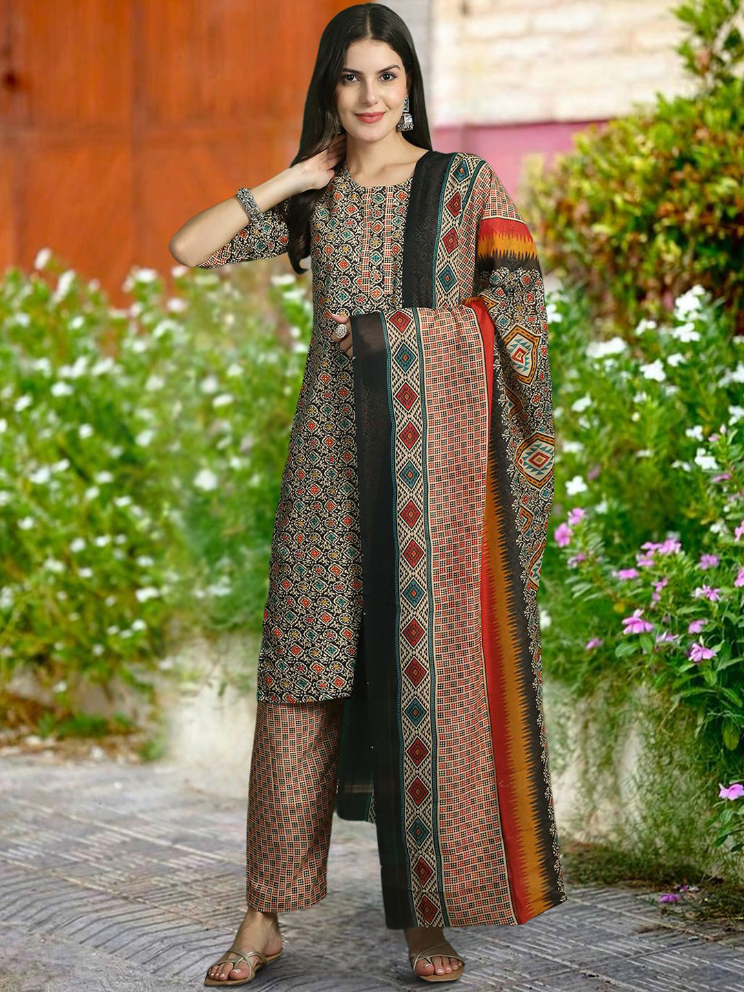 

Moda Rapido Women Ethnic Motifs Printed Regular Pure Cotton Kurta with Trousers & With Dupatta, Black