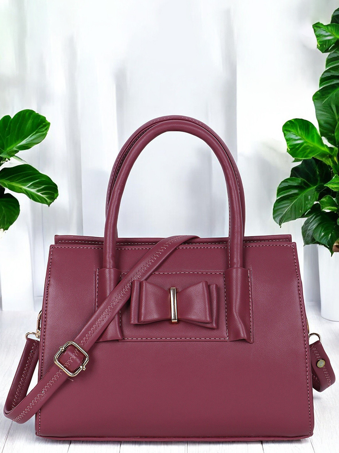

LADY QUINTON PU Structured Handheld Bag with Bow Detail, Maroon