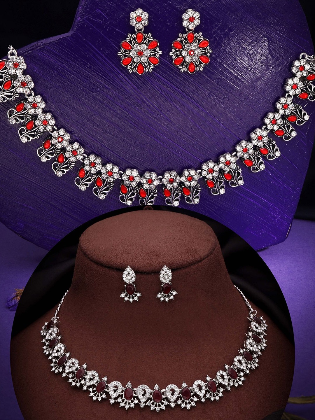 

DIVASTRI Set Of 2 Silver Plated American Diamond Studded Jewellery Set