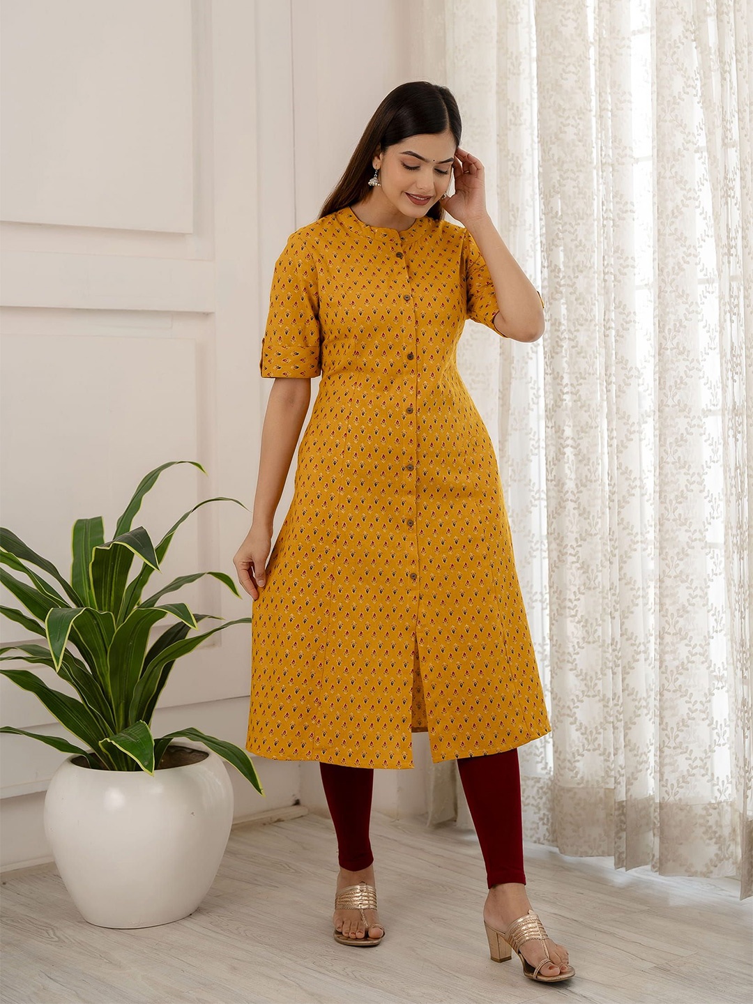 

TRIVEDI Printed Pure Cotton A-Line Kurtas, Mustard