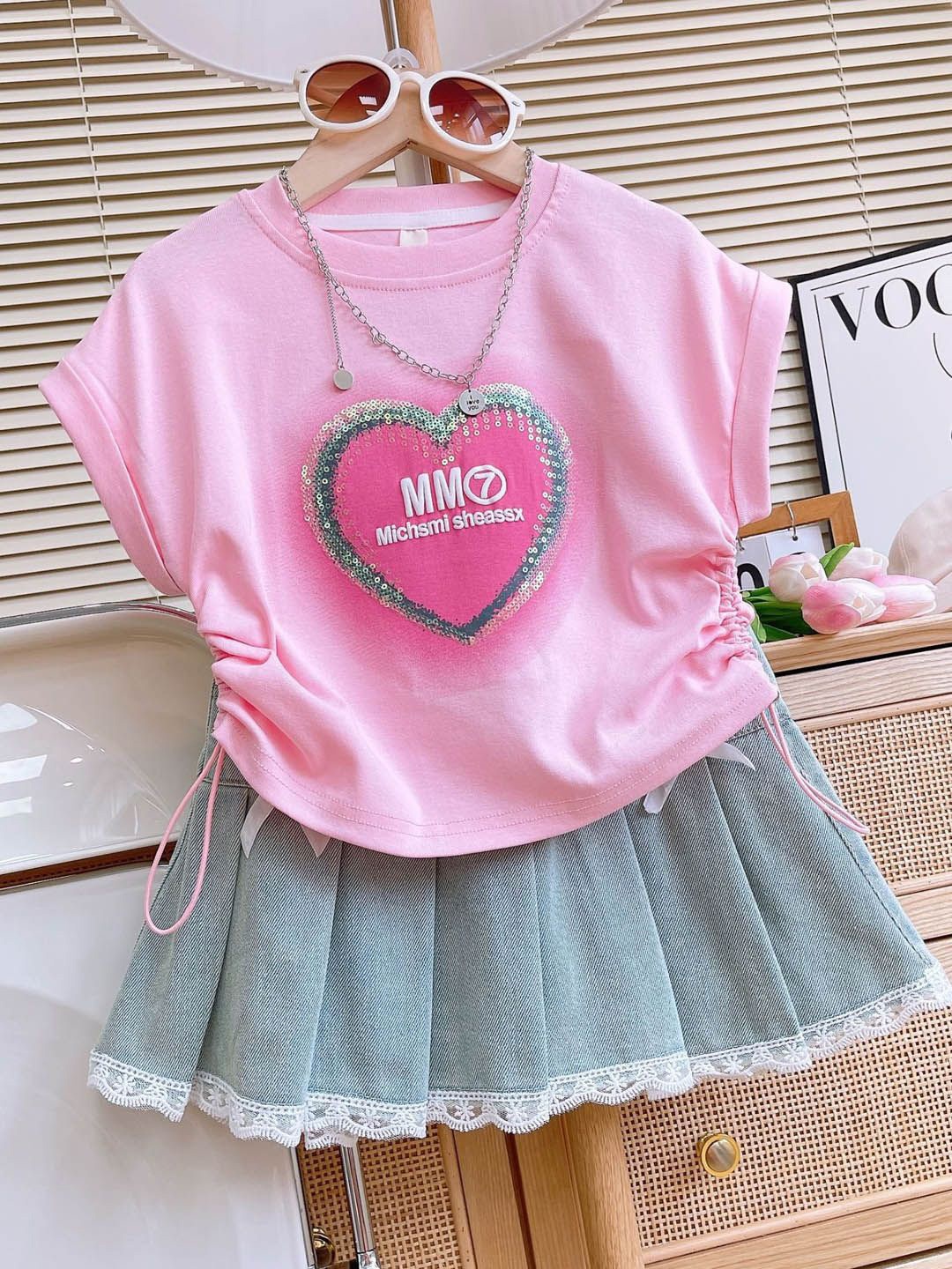 

Xsole Girls Sequin Heart Embellished Top & Pleated Skirt, Pink