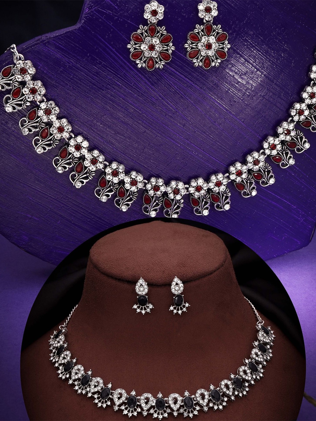 

DIVASTRI Set Of 2 Silver Plated American Diamonds Studded Jewellery Set