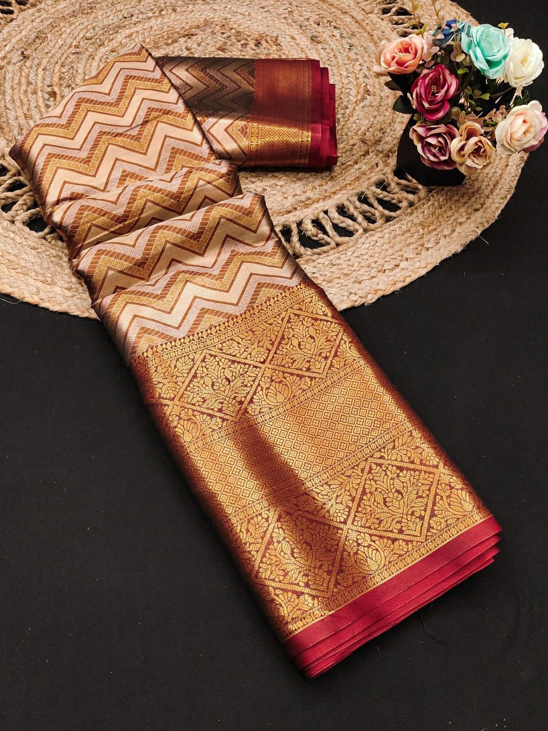 

Mitera Woven Design Zari Pure Silk Kanjeevaram Saree, Brown