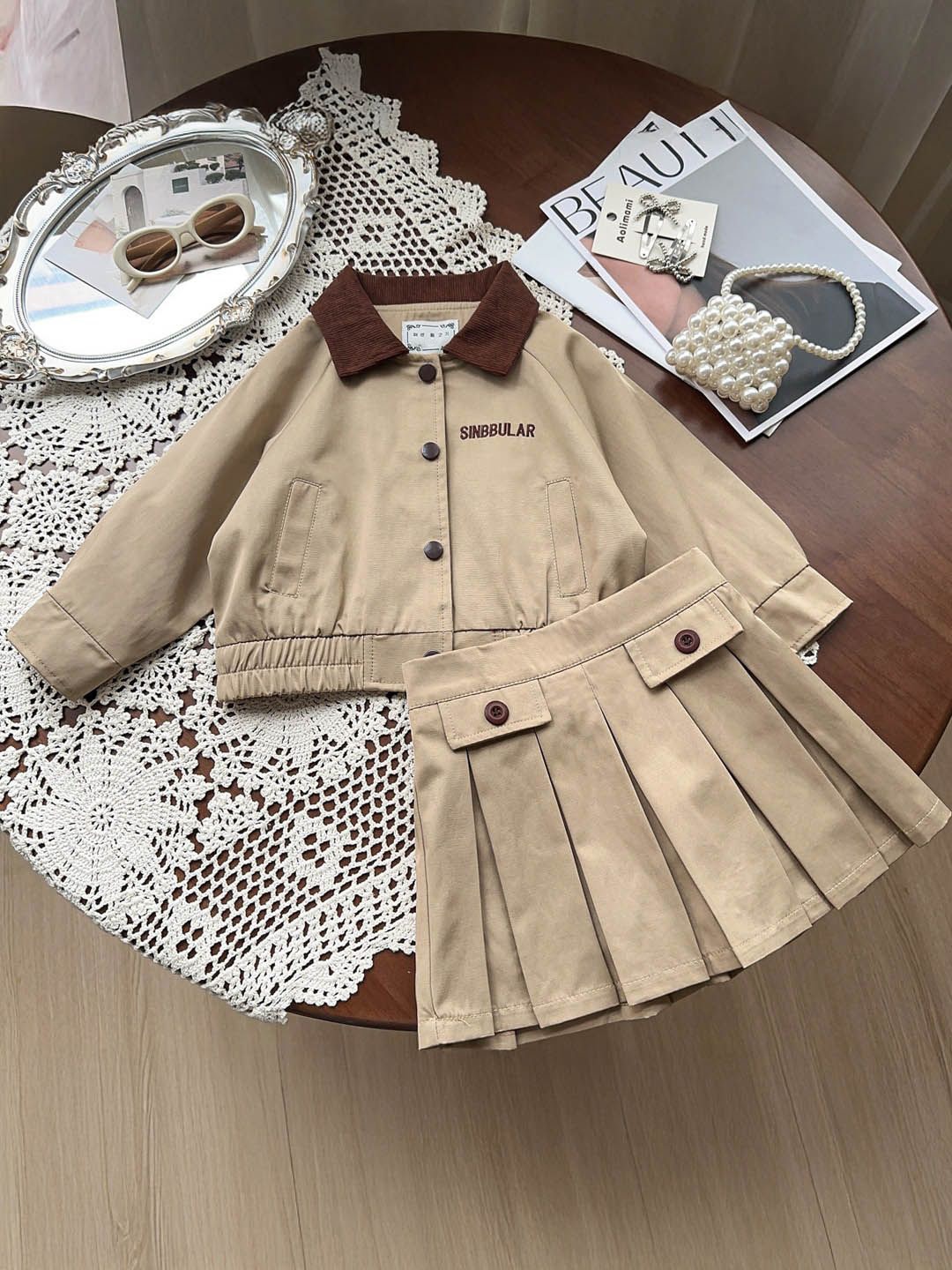 

Xsole Girls Shirt Collar Top With Skirt, Khaki