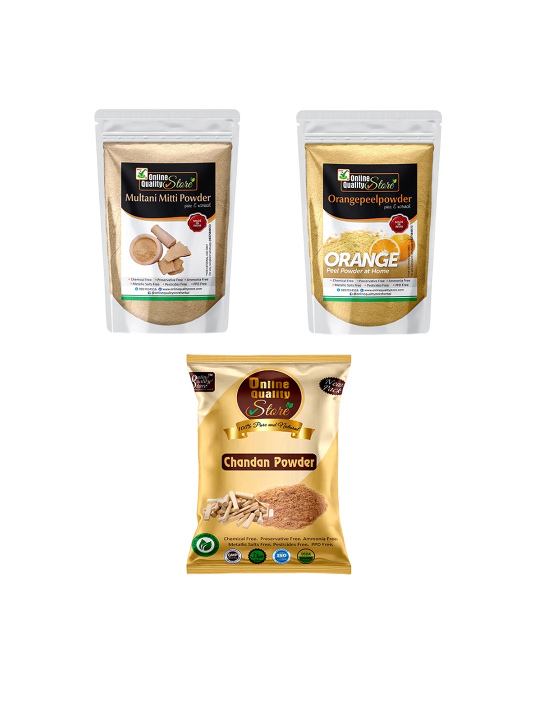 

Online Quality Store Set Of 3 Chandan Powder, Multani Mitti Powder And Orange Peel Powder, Beige