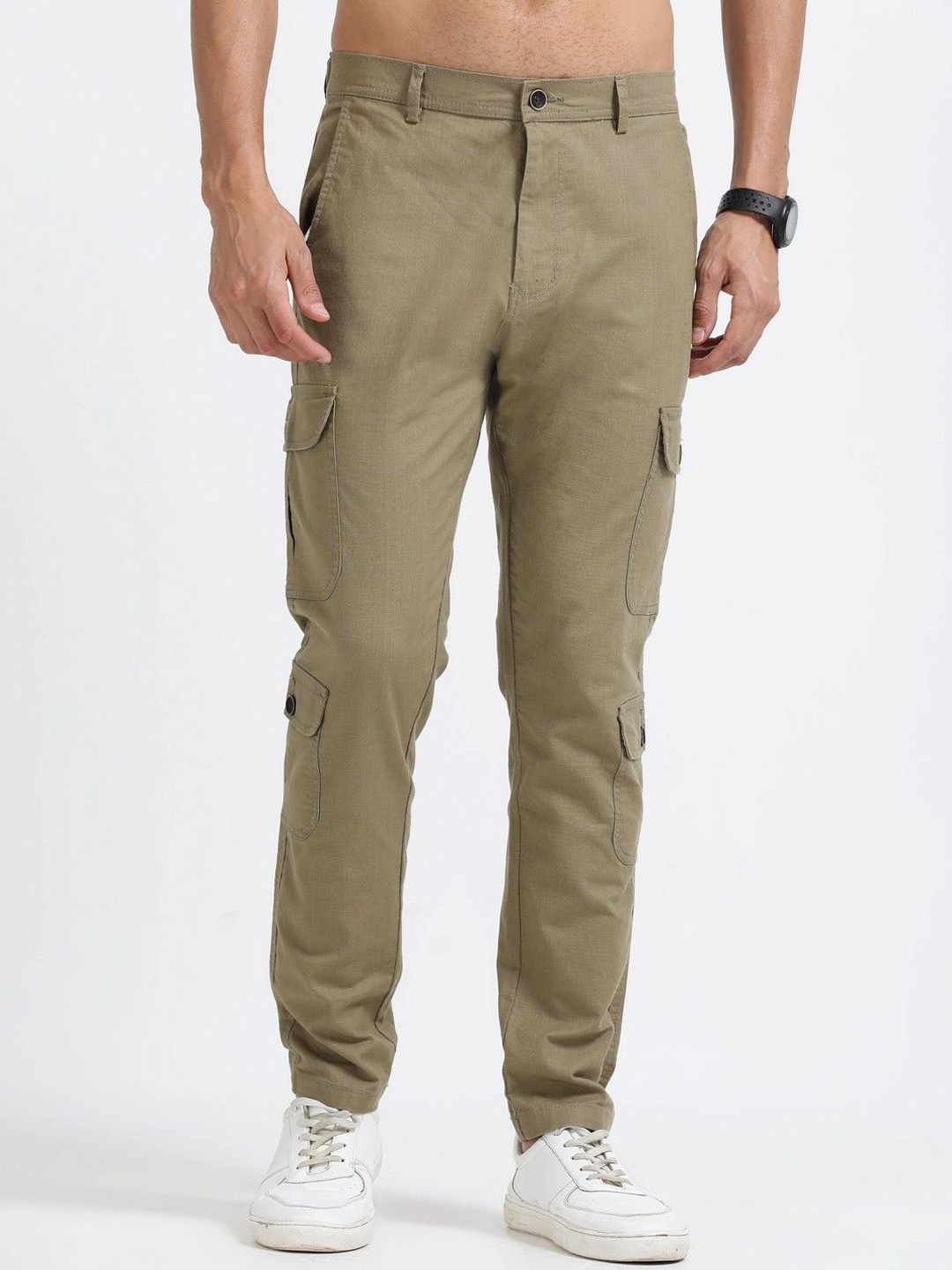 

THE BEETEL HOUSE Men Relaxed Lazy Linen Utility Cargo Trousers, Green