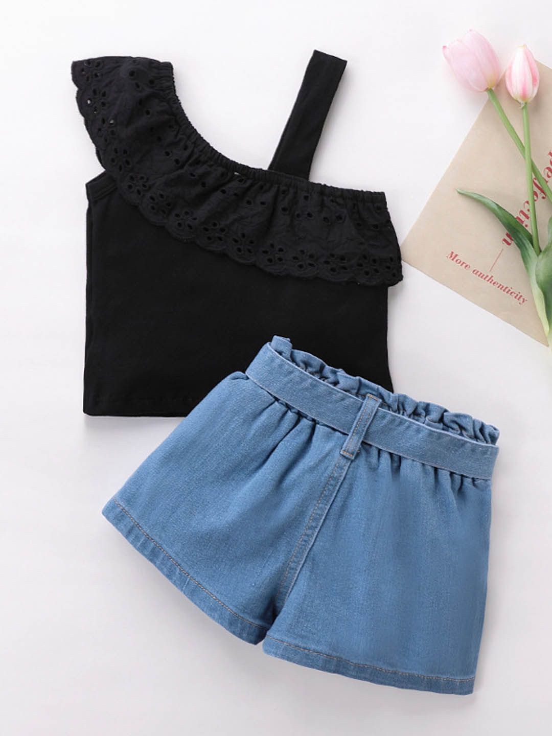 

Xsole Girls One Shoulder Top With Short, Black