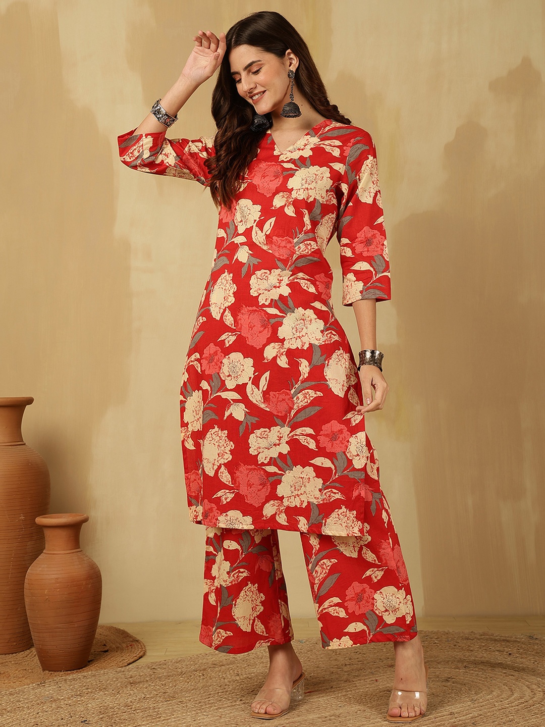 

Anouk Rustic Women Floral Printed Regular Pure Cotton Kurta with Palazzos, Red