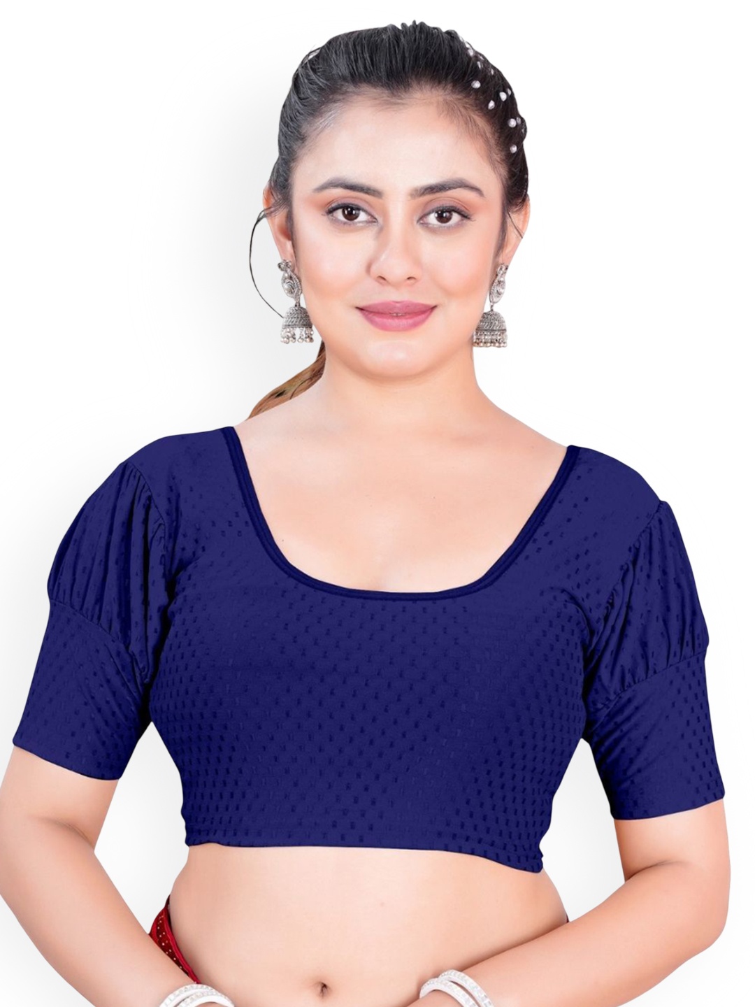 

SS Sanket Synthetics Dobby Textured Stretchable Balloon Saree Blouse, Navy blue