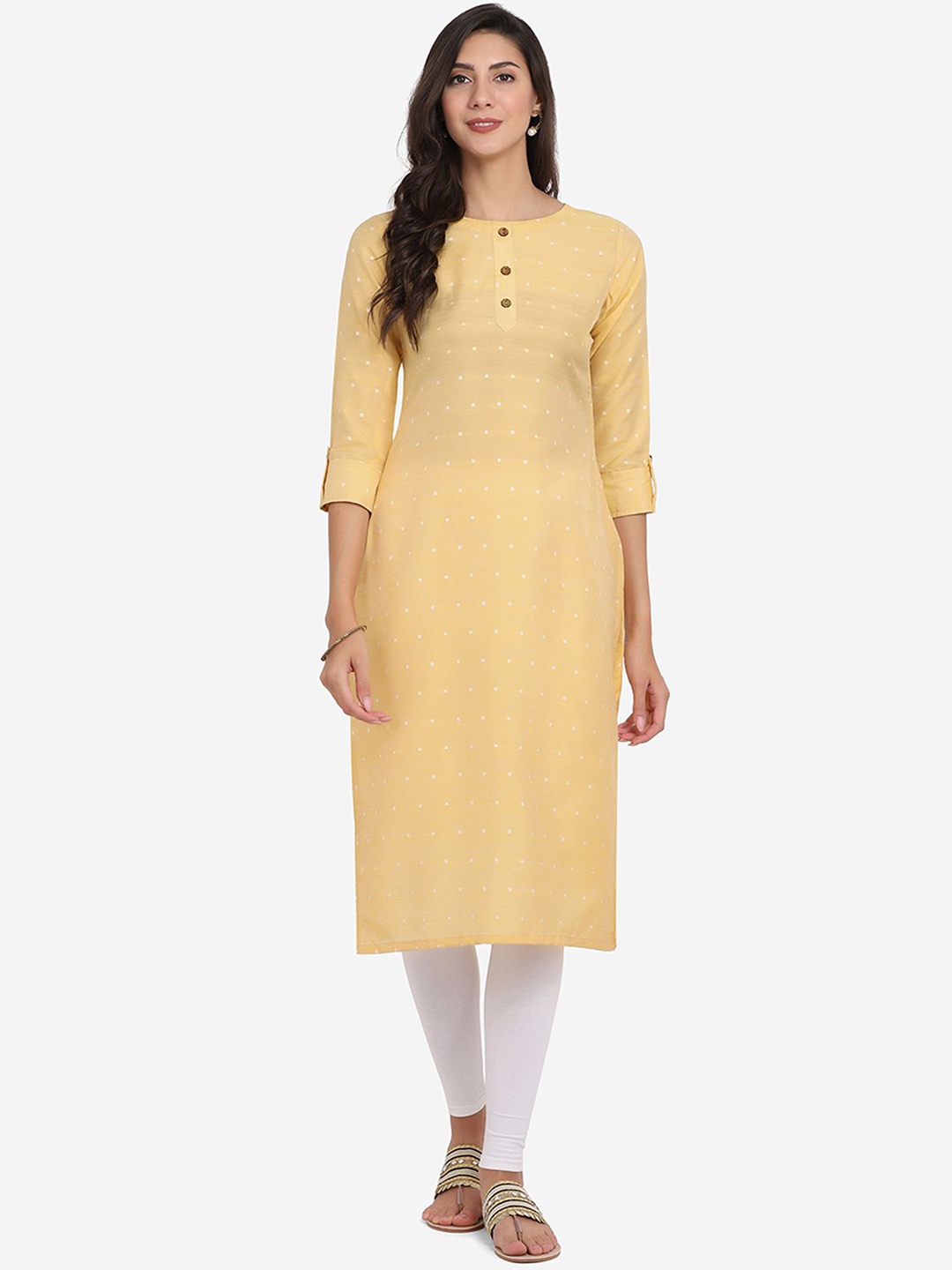 

Fourleaf Geometric Printed Round Neck Straight Cotton Kurta, Yellow