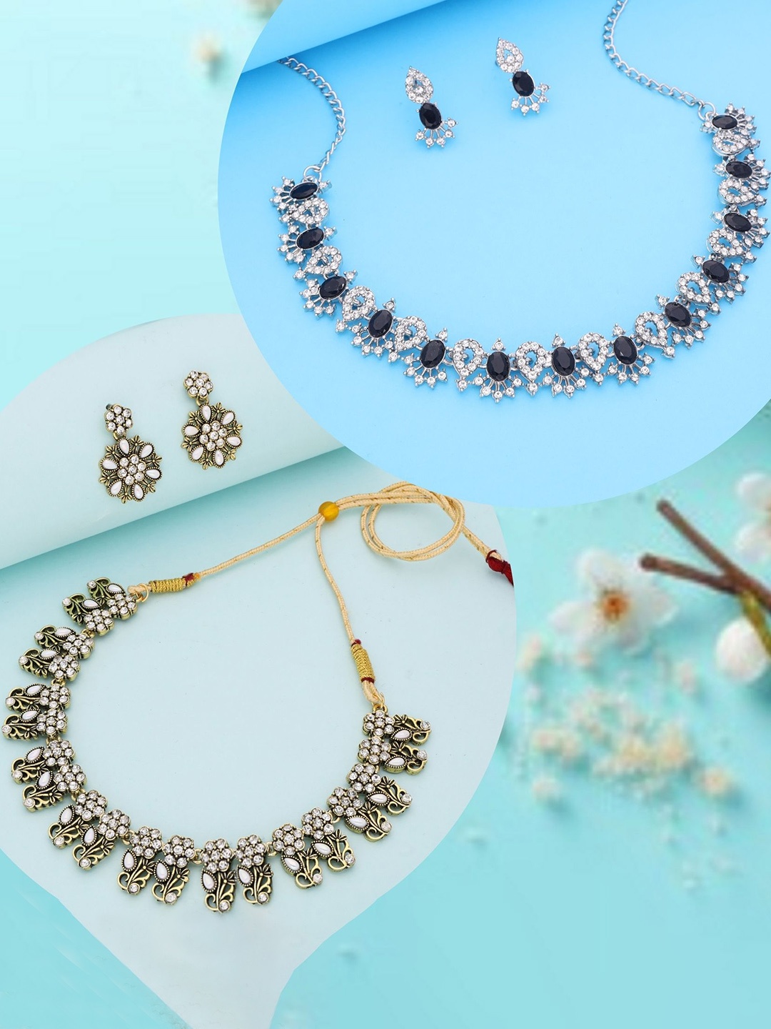 

DIVASTRI Set Of 2 Gold & Silver-Plated American Diamond-Studded Jewellery Set