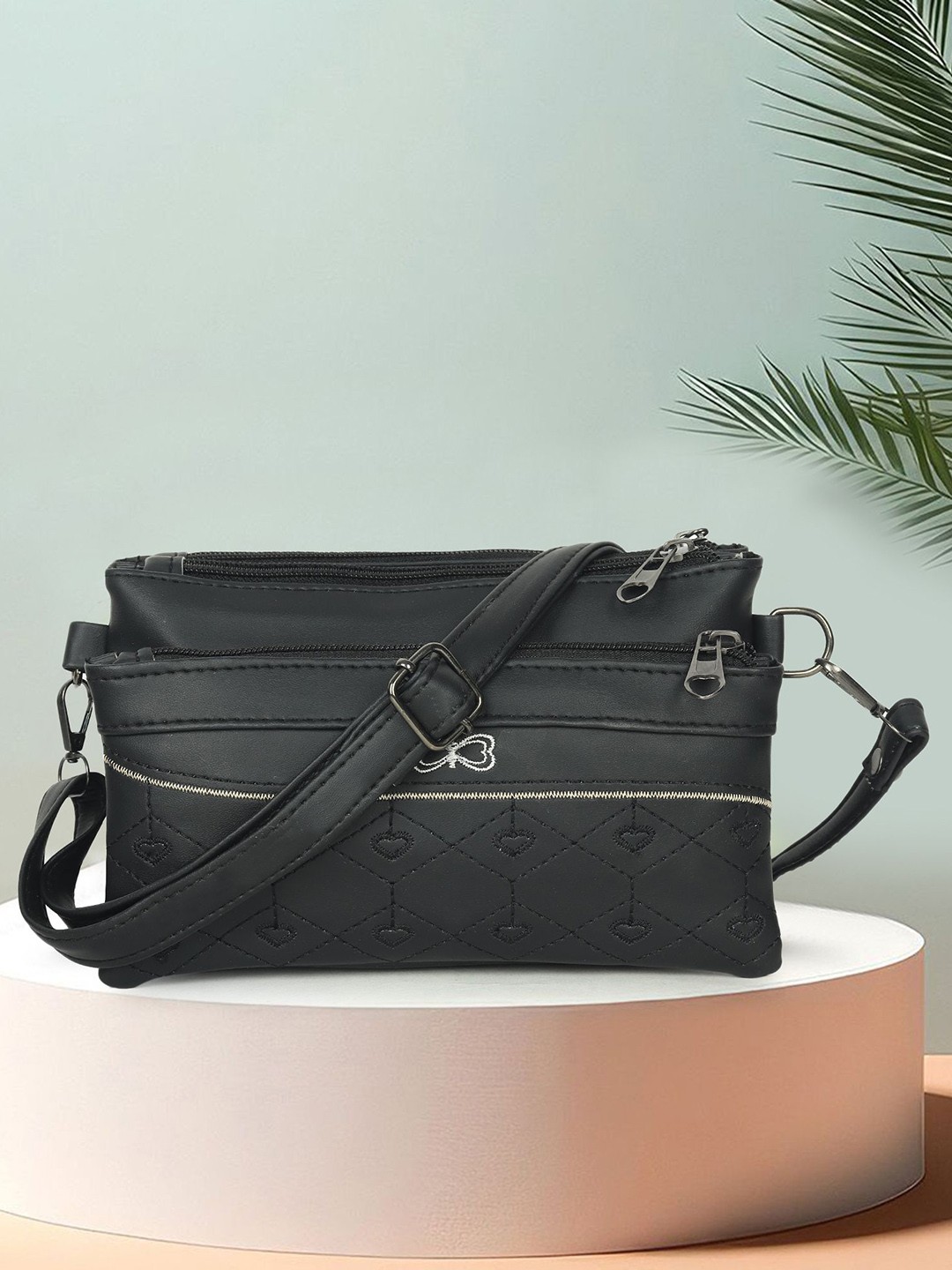 

LADY QUINTON Colourblocked PU Half Moon Sling Bag, Black