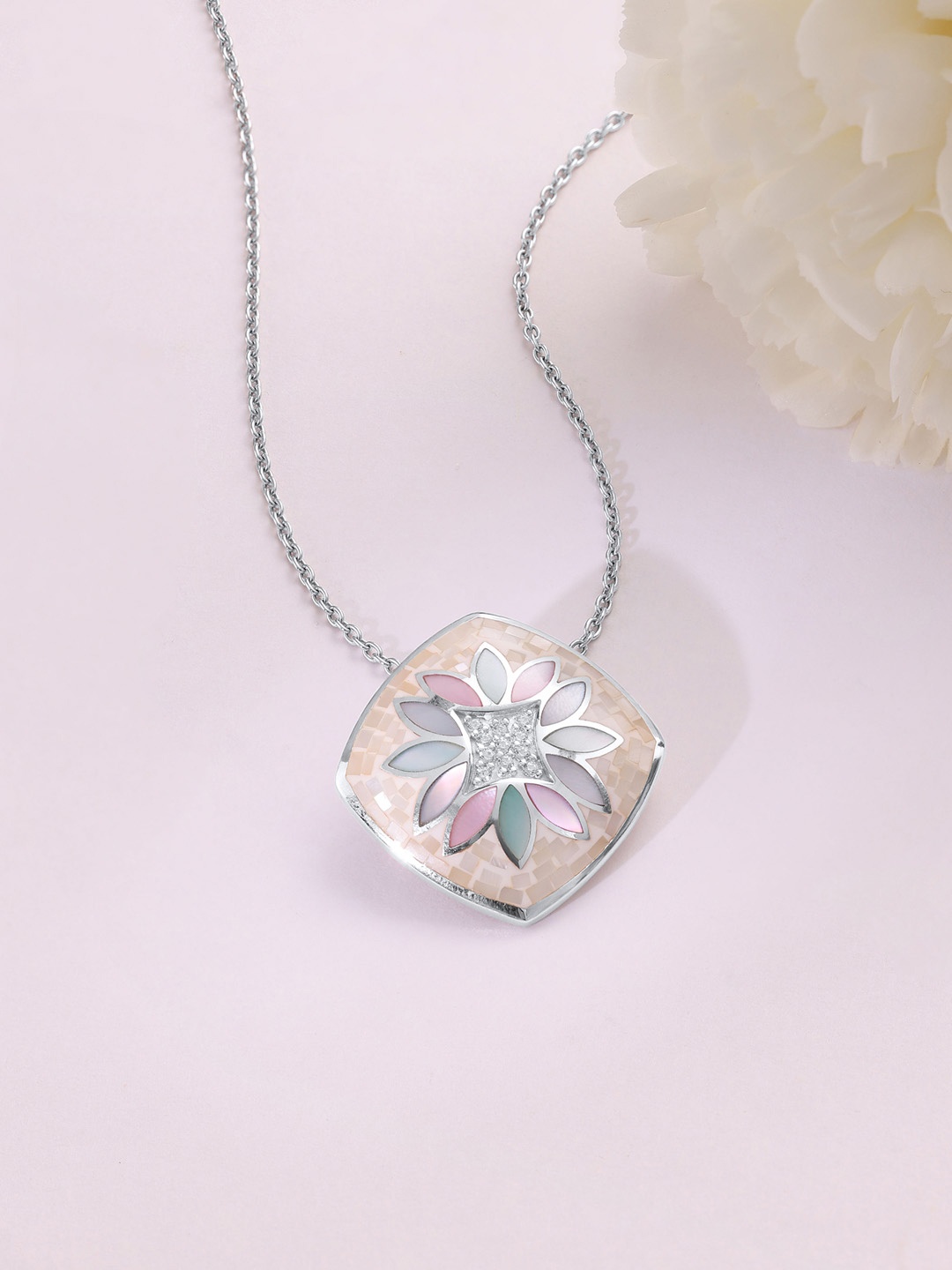 

Mia by Tanishq Silver Mother of Pearls Studded Diamond Shaped Pendant