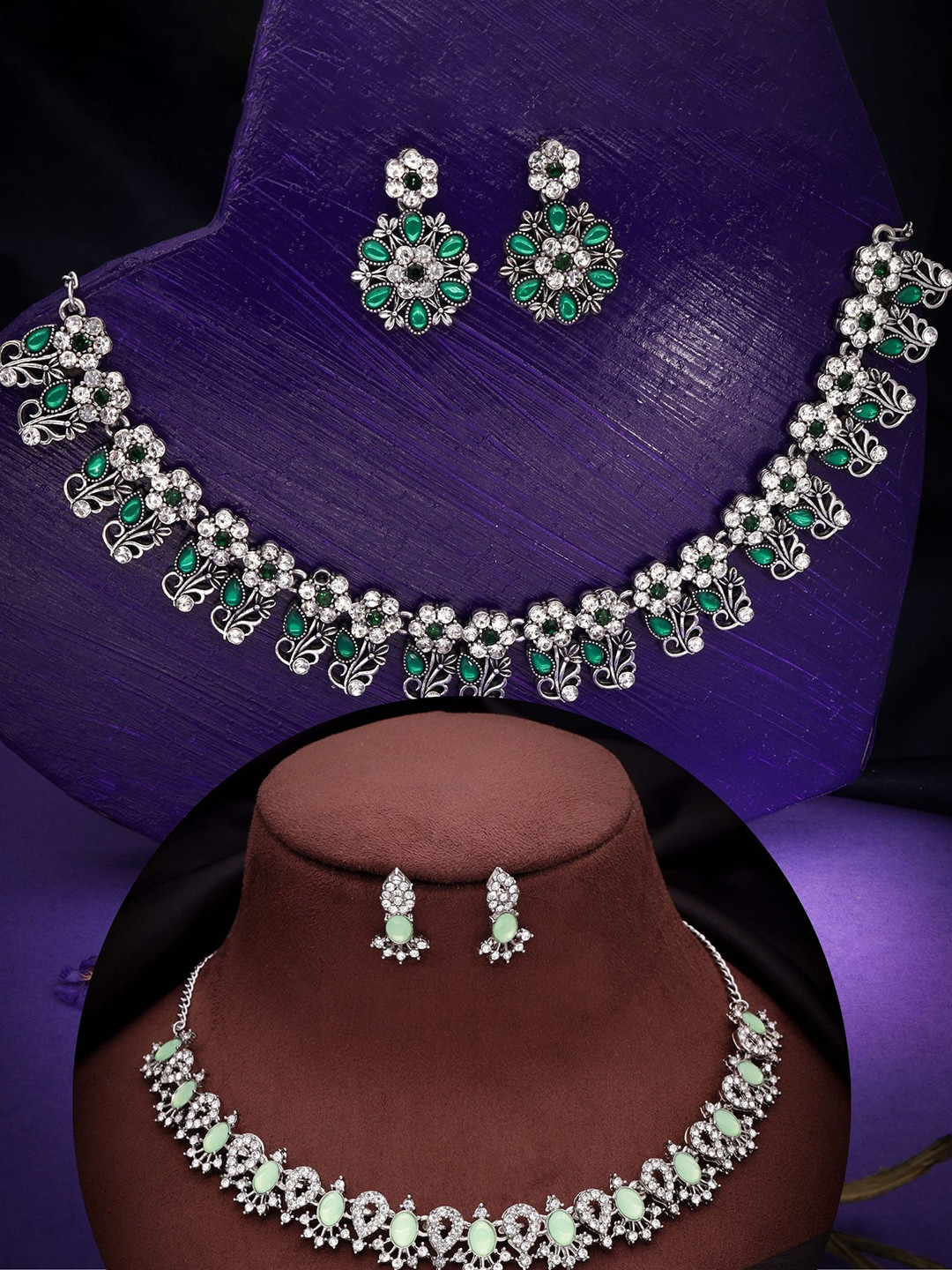 

DIVASTRI Set Of 2 Silver-Plated Stone-Studded Jewellery Set
