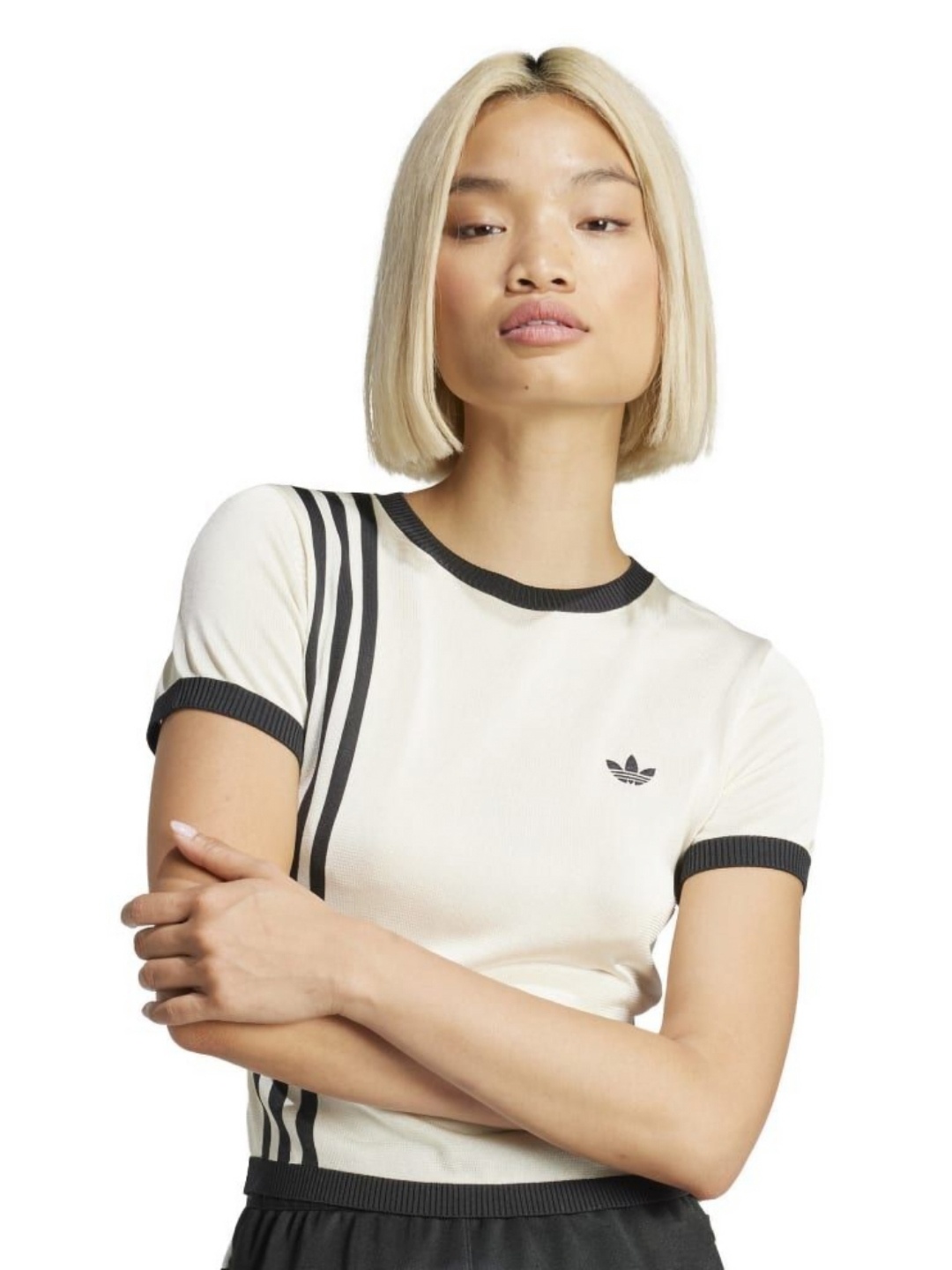 

ADIDAS Originals Women Striped Mandarin Collar Applique Slim Fit T-shirt, White