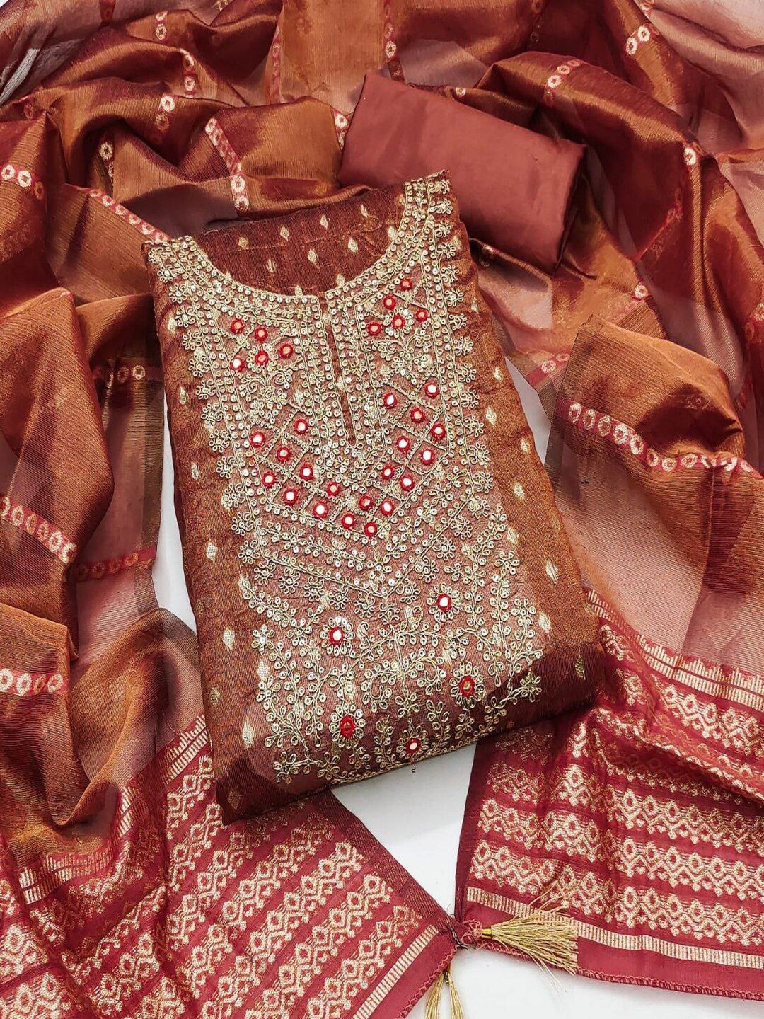 

SHIJILA Floral Embroidered Sequinned Unstitched Dress Material, Rust