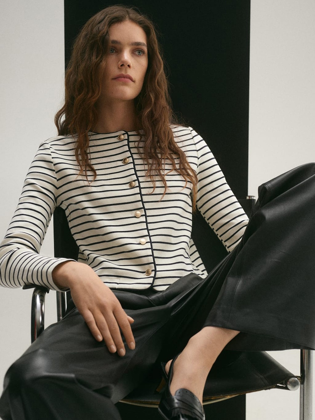 

MANGO Striped Pure Cotton Knitted Cardigan, Cream