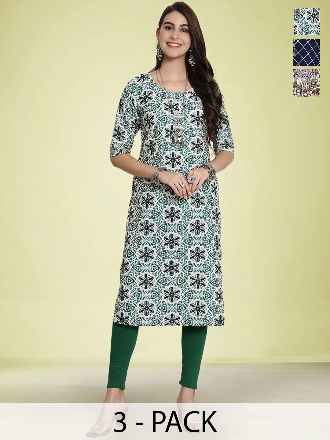 

Moda Rapido Selection Of 3 Floral Printed Round Neck Straight Kurtas, Green