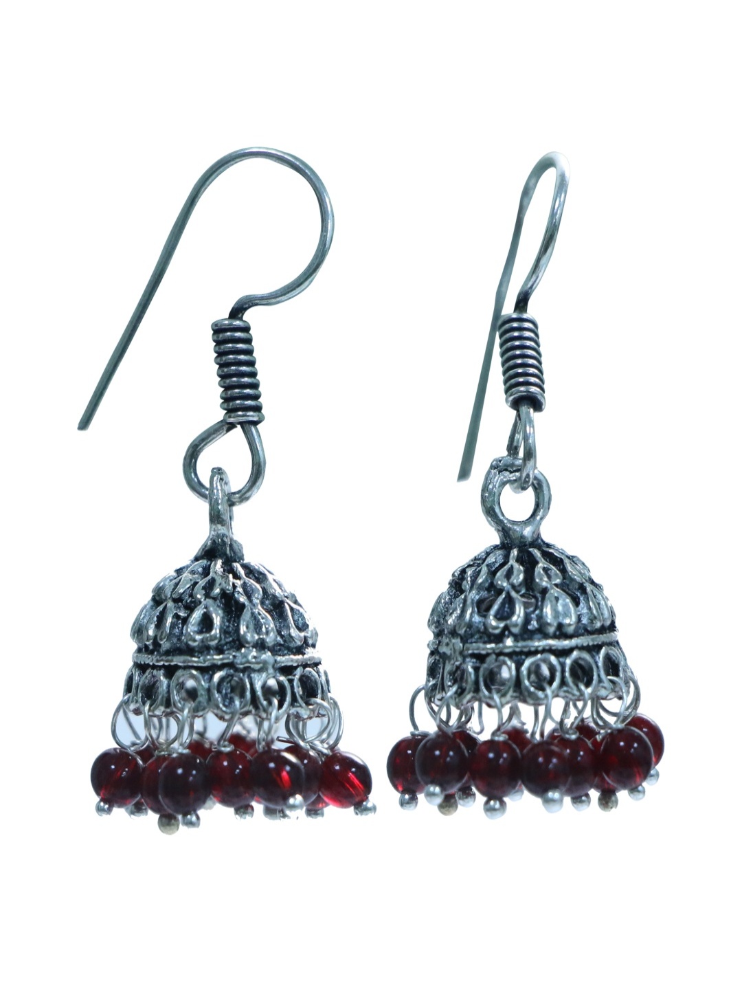 

Abhooshan Silver-Plated Artificial Beaded Oxidised Dome Shaped Jhumkas, Red