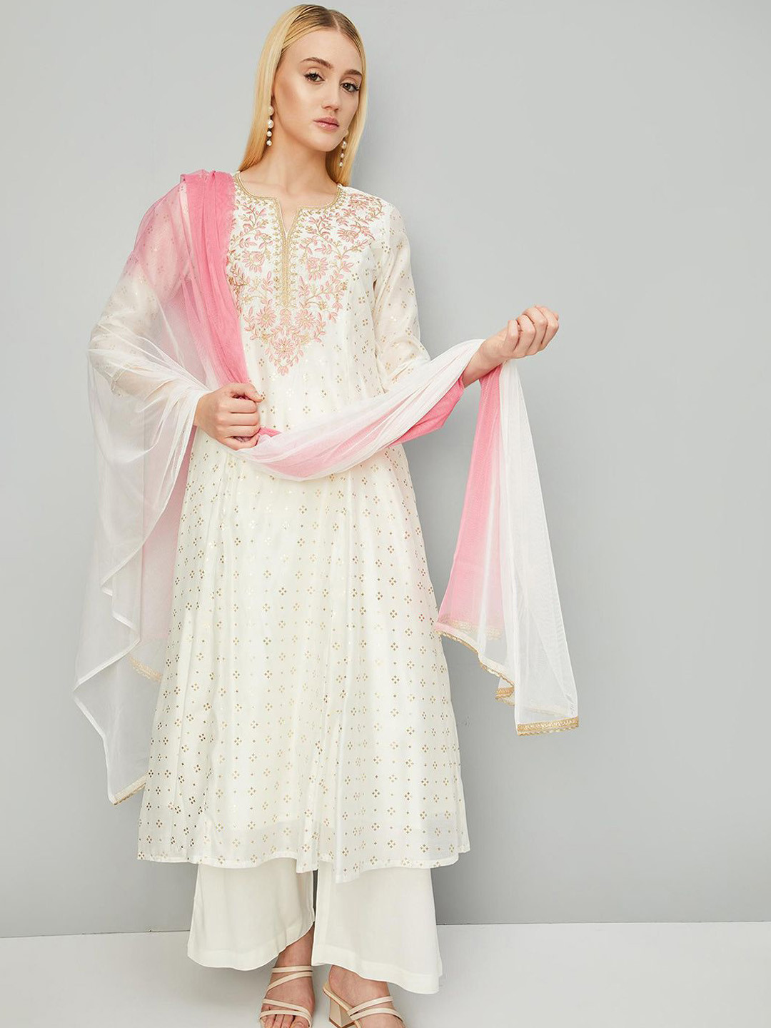 

max Women Embroidered Angrakha Thread Work Kurta with Palazzos & With Dupatta, Beige