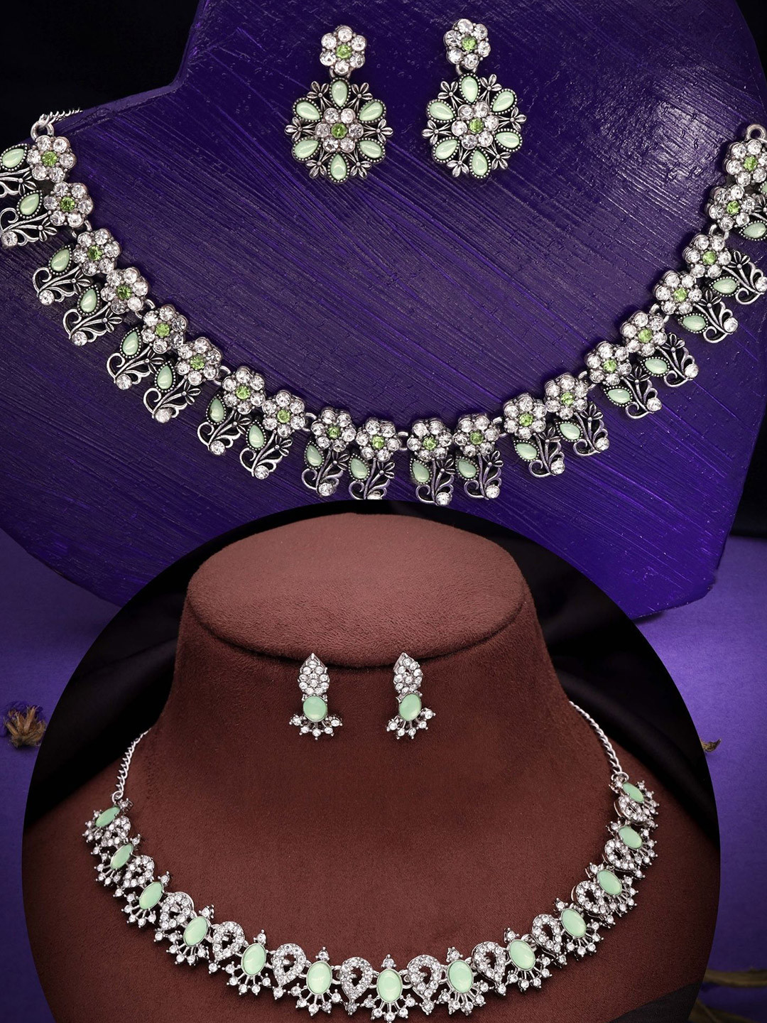 

DIVASTRI Set Of 2 Silver-Plated American Diamond Studded Jewellery Set