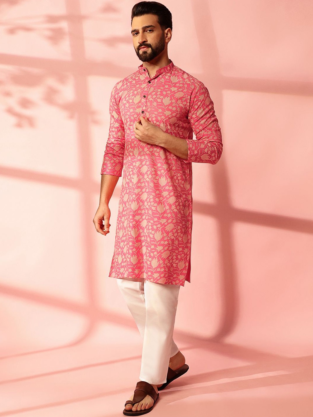 

Anouk Floral Printed Band Collar Cotton Linen Straight Kurta, Pink