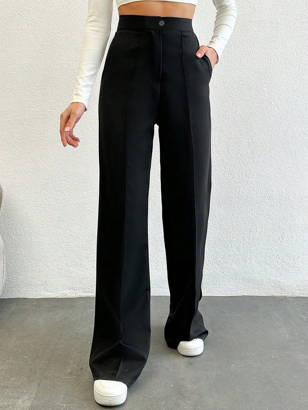 

NUCOUTHS Women Relaxed Straight Leg Straight Fit High-Rise Trousers, Black