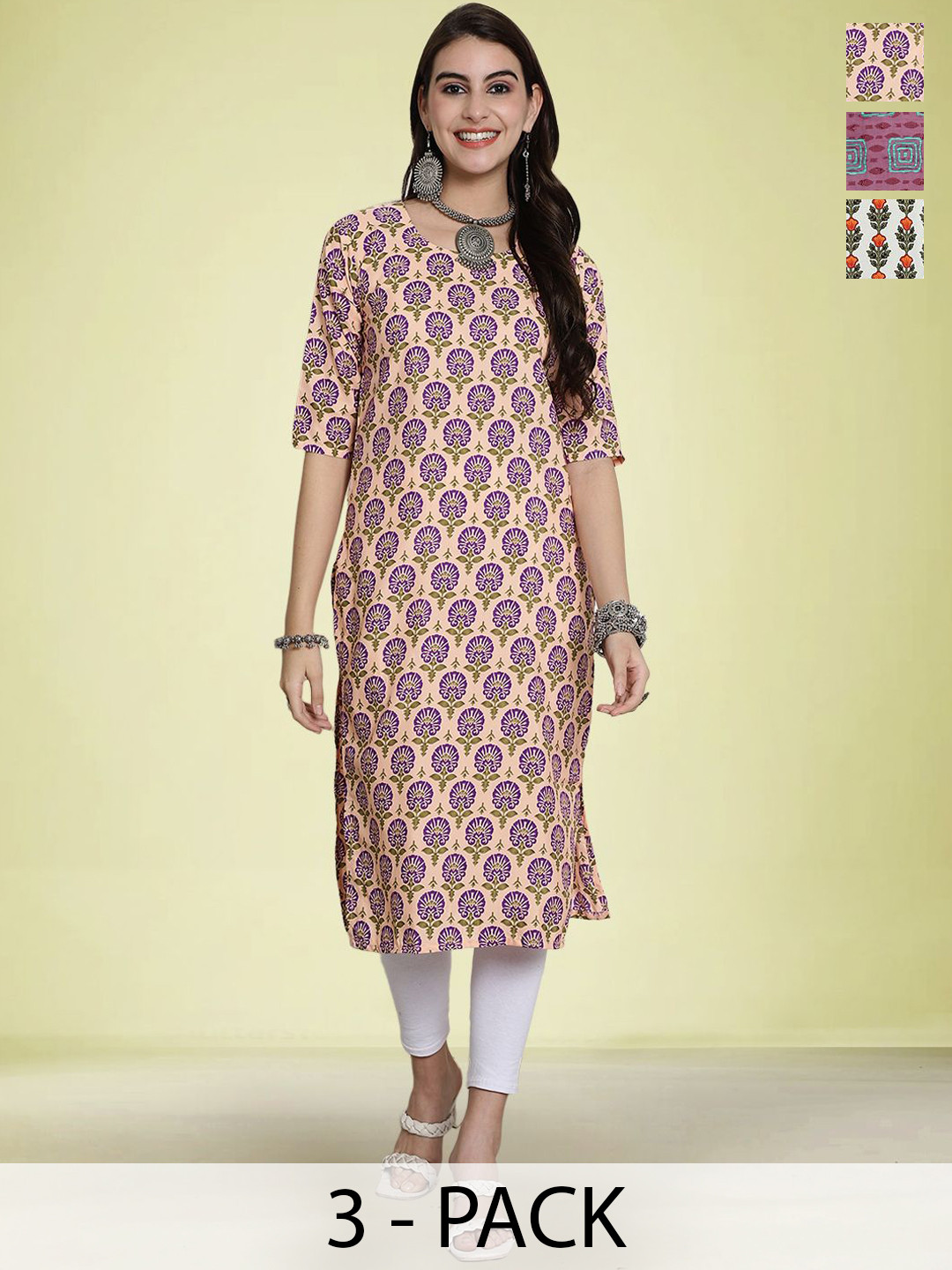 

Moda Rapido Selection Of 3 Floral Printed Round Neck Straight Kurtas, Pink