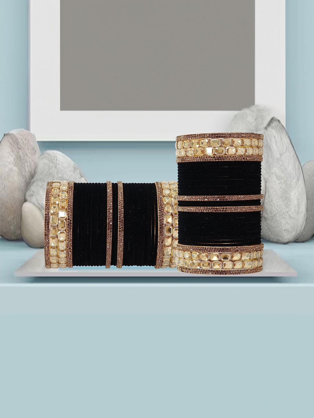 

ZULKA Set Of 68 Cubic Zirconia Stones Studded & Beaded Bangles, Gold