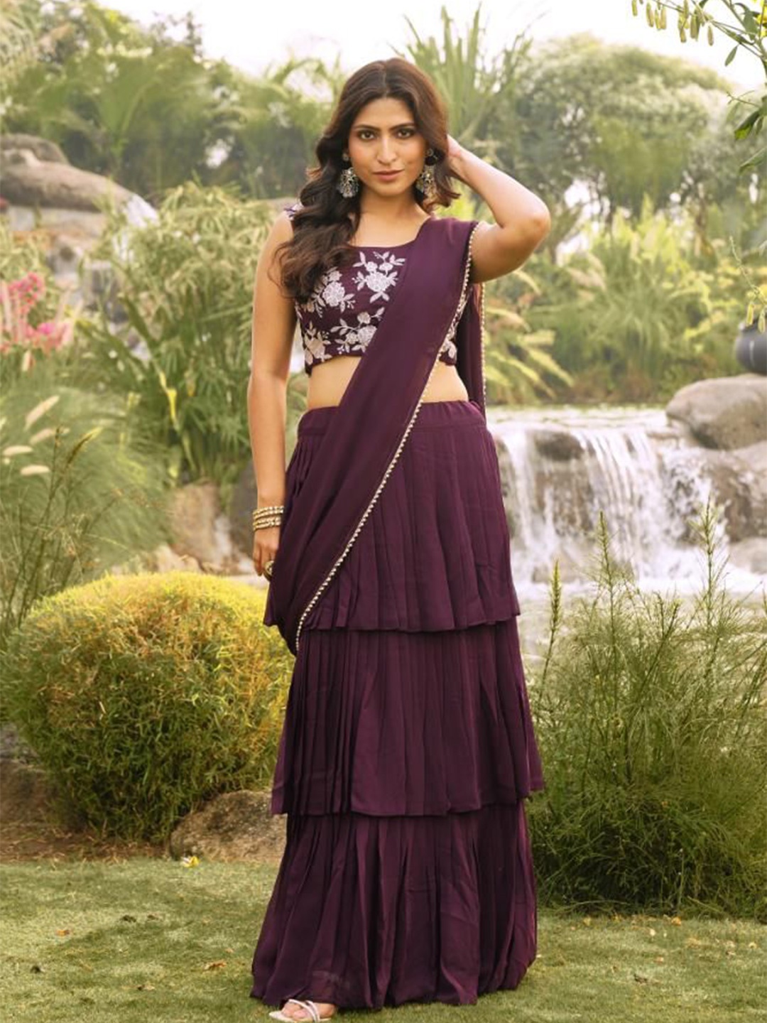 

PATLANI STYLE Floral Embroidered Pure Georgette Ready to Wear Saree, Purple