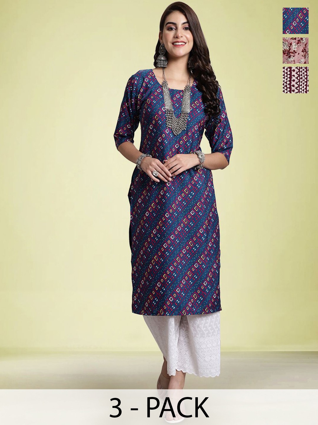 

Moda Rapido Selection Of 3 Floral Printed Round Neck Straight Kurtas, Brown