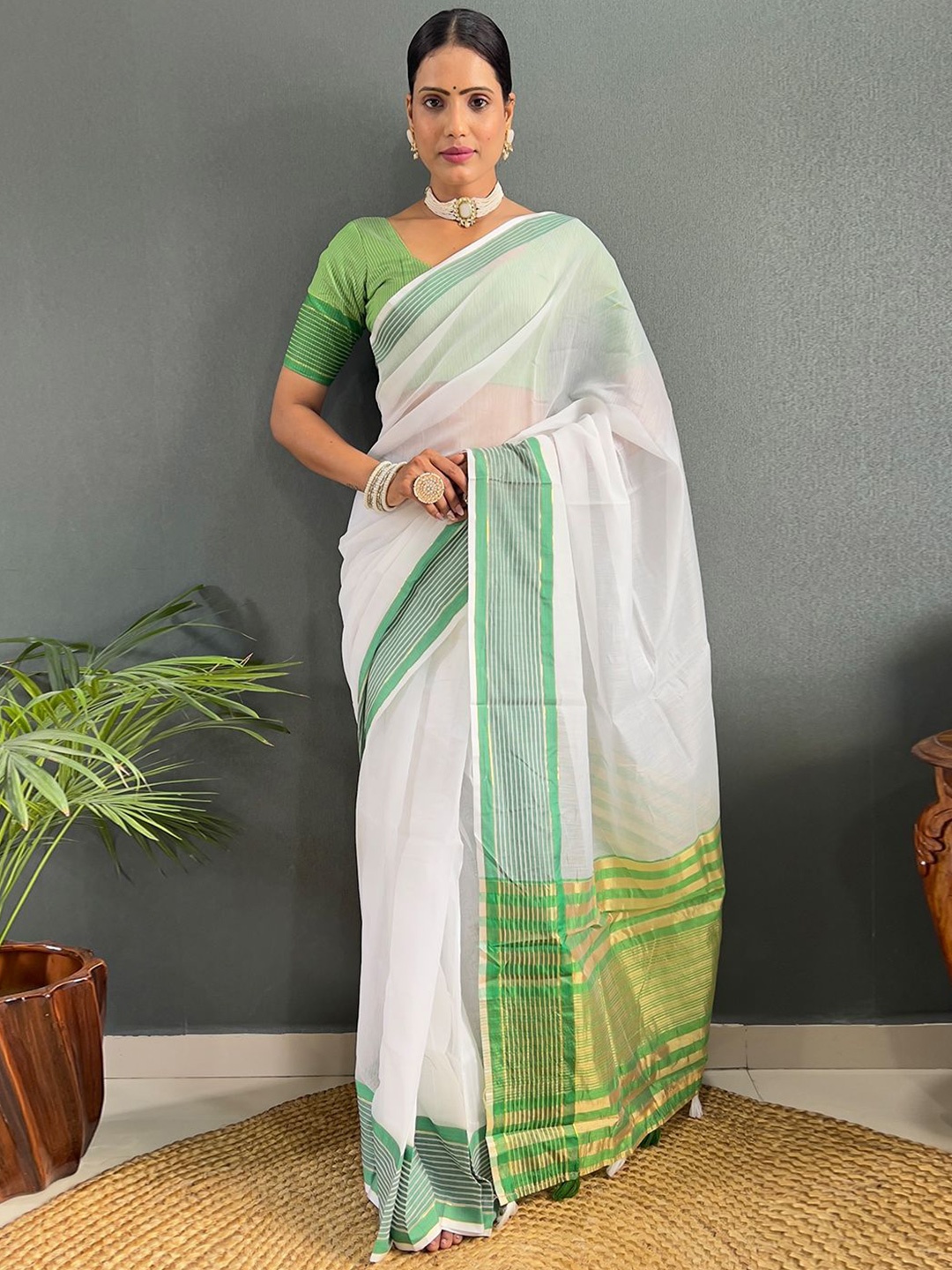 

LeeliPeeri Designer Silk Cotton Ready to Wear Saree, Green