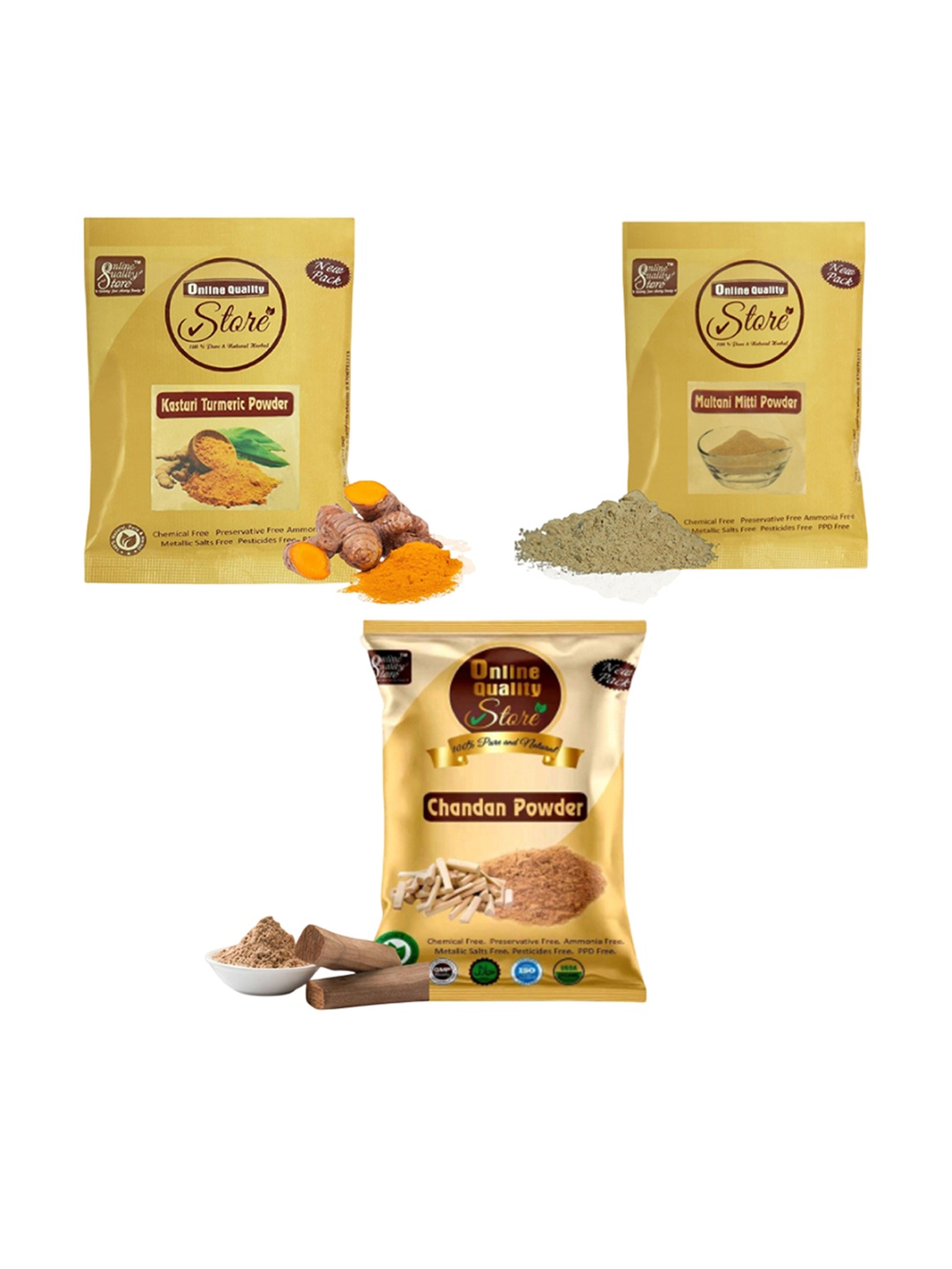 

Online Quality Store Set Of 3 Multani Mitti, Chandan, Turmeric Mask and Peel- 50g Each, Yellow