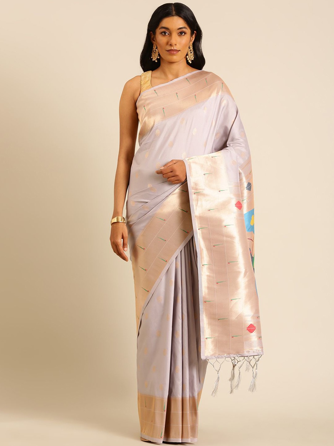 

Panzora Woven Design Zari Silk Blend Paithani Saree, Grey