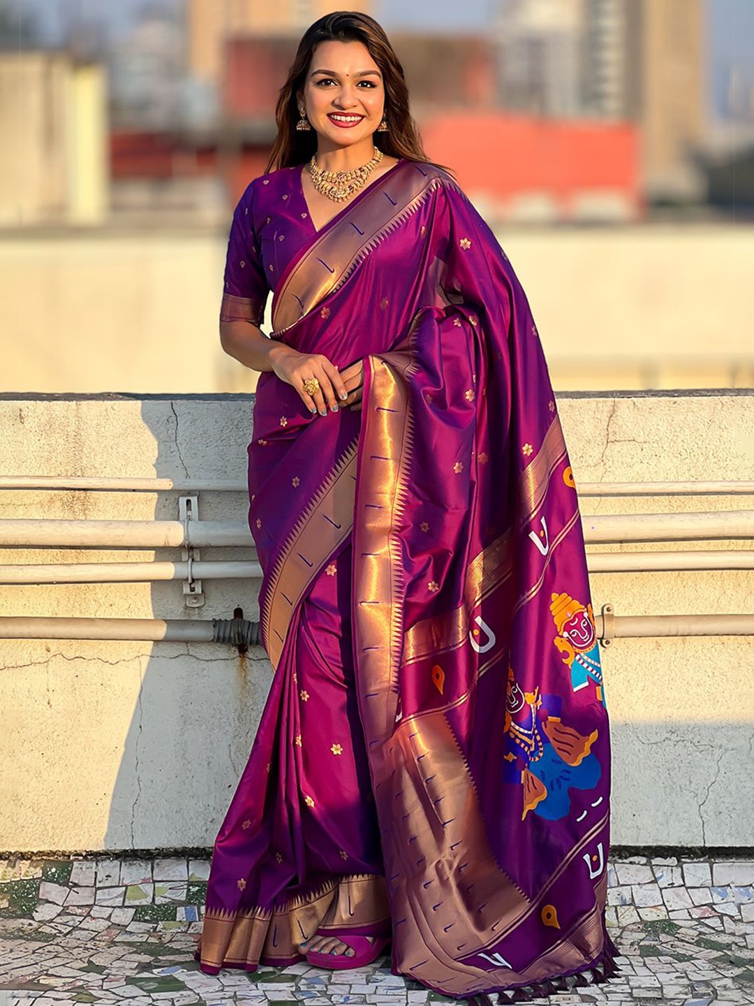 

all about you Woven Design Zari Silk Blend Paithani Saree, Magenta