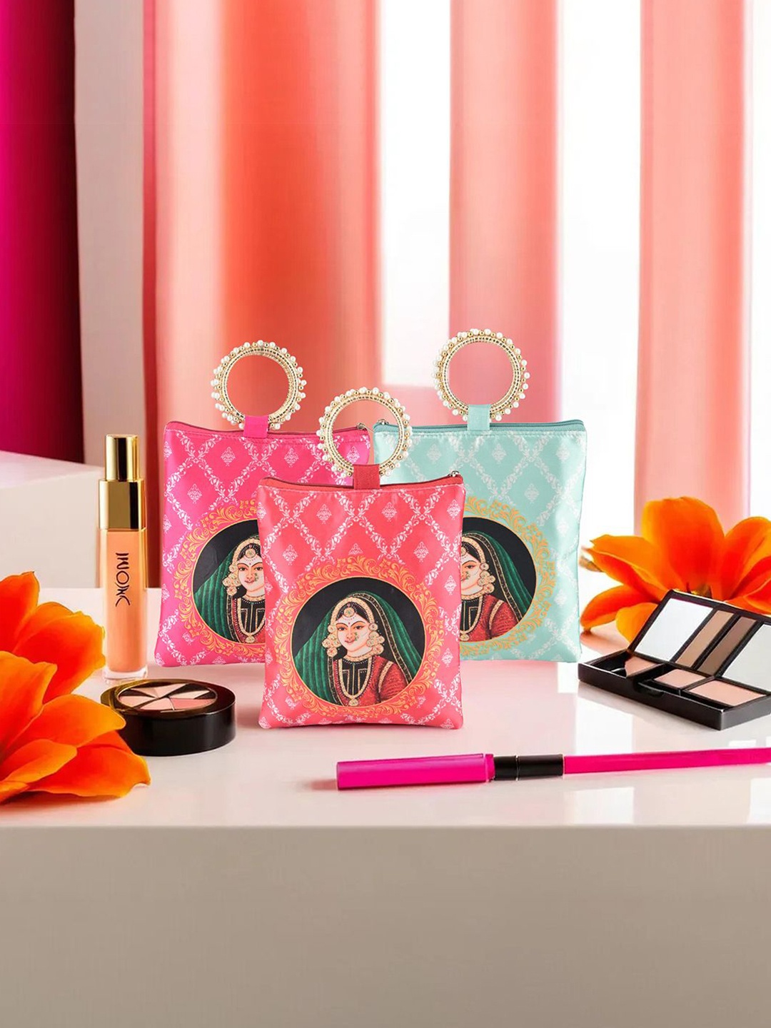 

Kuber Industries 3 Pcs Silk Hand Bags for Women Printed Shopper Tote Bag, Pink