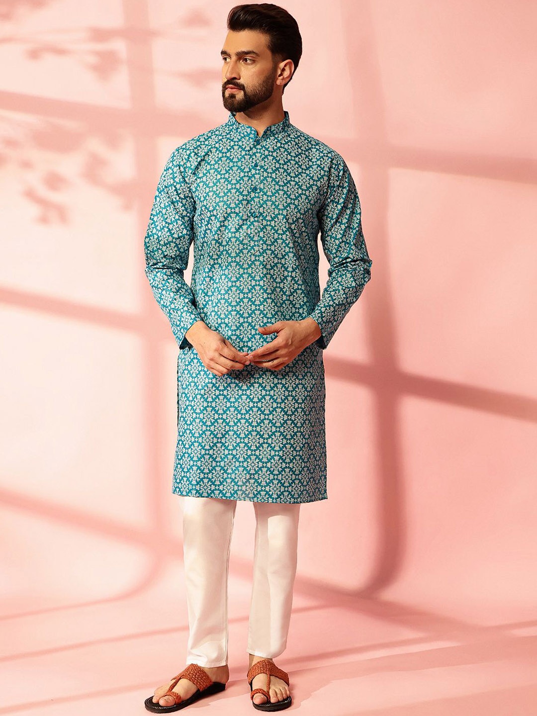 

Anouk Men Floral Printed Regular Kurta with Pyjamas, Teal